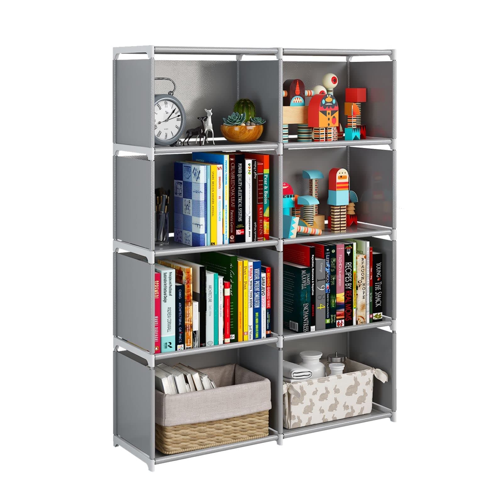 JIUYOTREE 5-Tiers Closet Storage Organizer with Fabric Cloth at Back,Double Row Modular Cubes Bookshelf,Living Room,Study Room,Bedroom,Grey