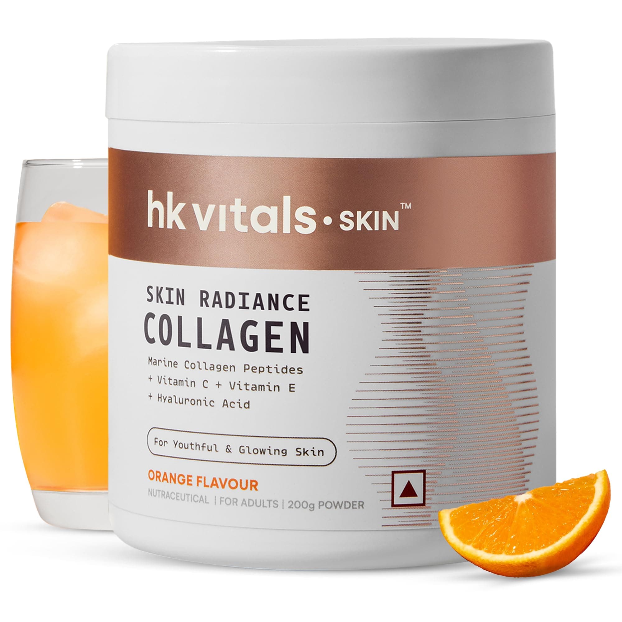 hk vitals Skin Radiance Marine Collagen Supplement Powder (Orange, 200g) | Collagen Peptides with Vitamin C, E