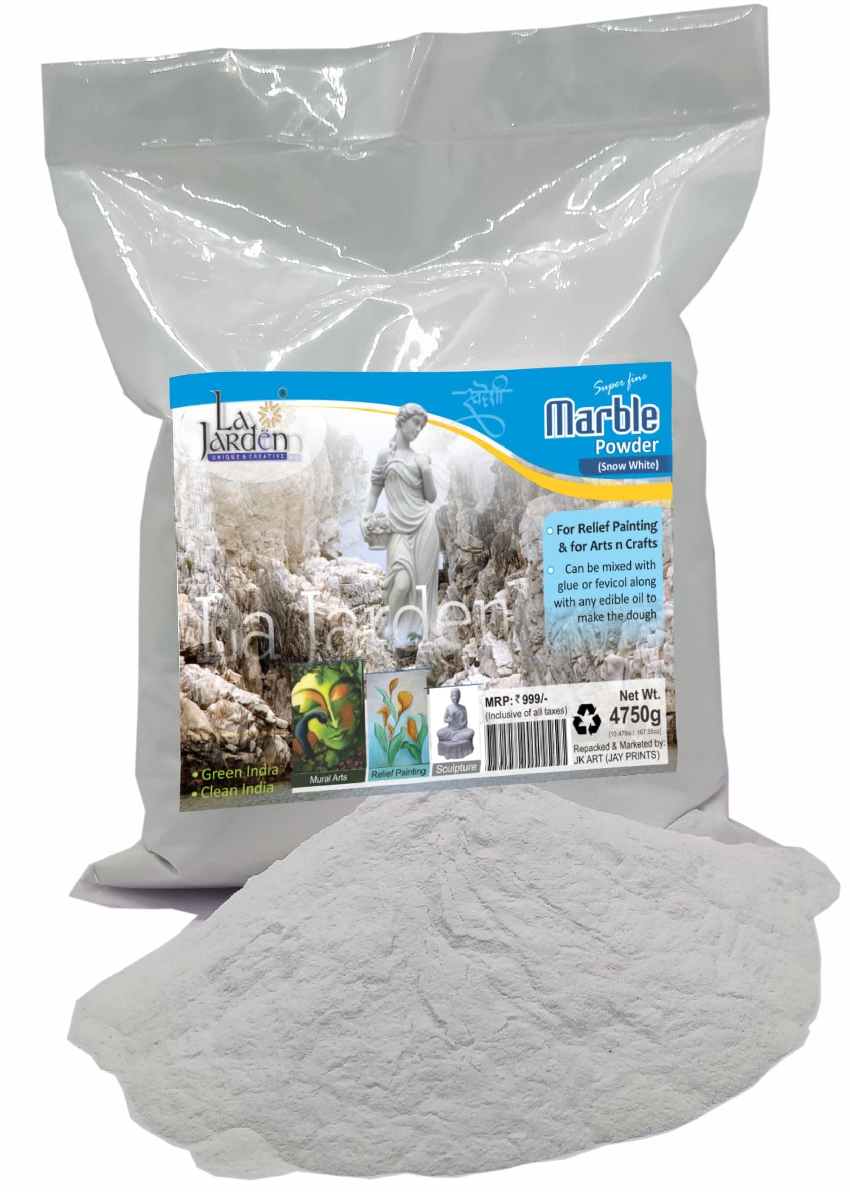La Jarden Marble dust, White Marble Powder for Mural Art, Relief Painting, Raised Art & for All Arts & Crafts, A1 Quality Marble Powder, Packed in clear PVC bag 5Kg, Large