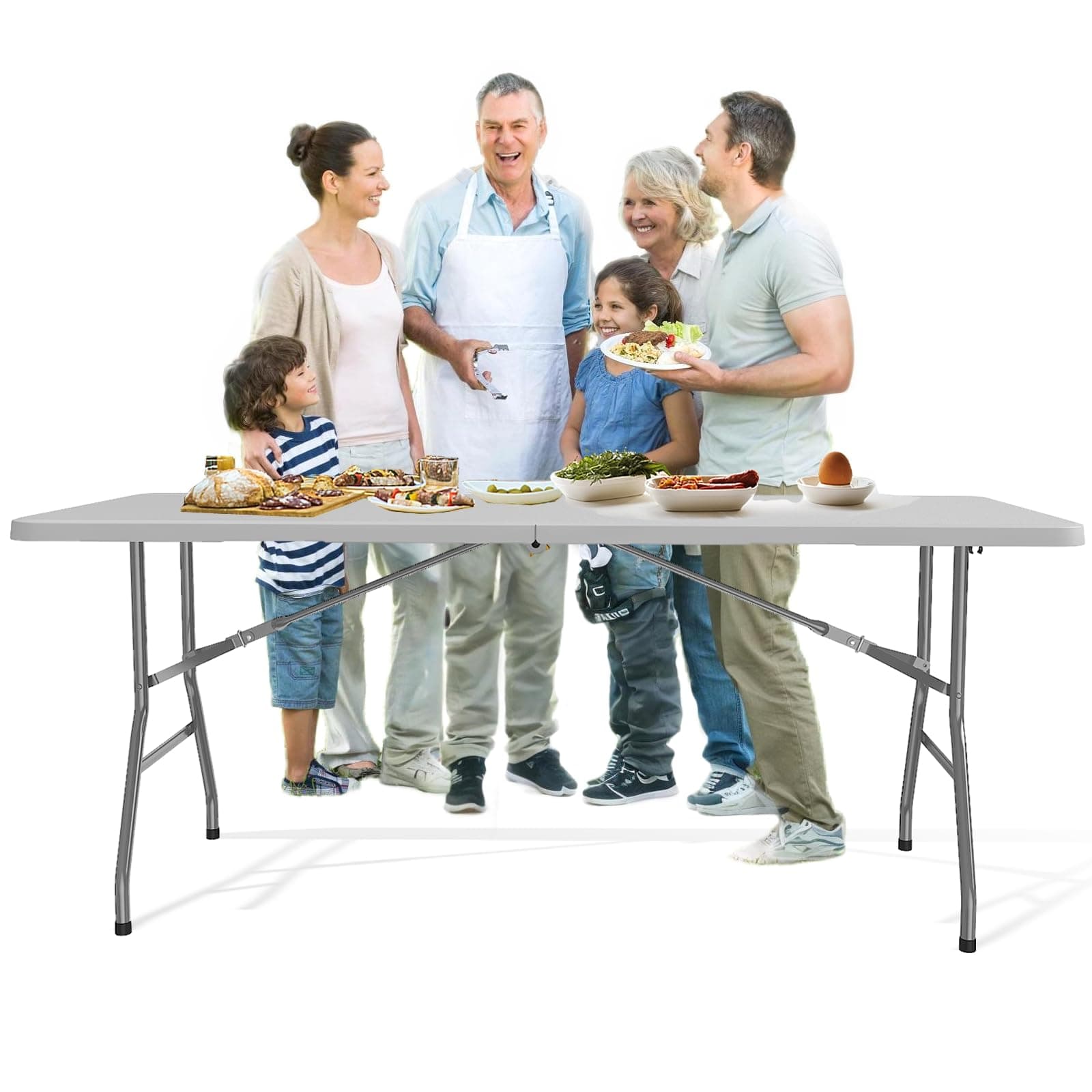 6FT Folding Table, Heavy Duty 440LBS Capacity Portable Plastic Picnic Table, Foldable Dining Tables with Carrying Handle for Party, Wedding, Camping, Events, Indoor or Outdoor Use, White