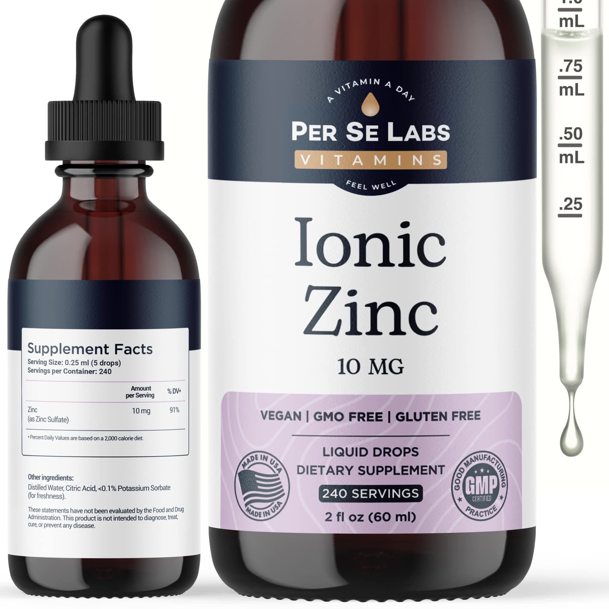 Per Se Labs Ionic Zinc Liquid - 10 mg High Absorption 240 Servings Liquid Zinc Drops for Adults - Immune Support Skin Care Zinc Supplements - Vegan Zinc Sulfate Antioxidant Dietary Supplement - 2 Oz