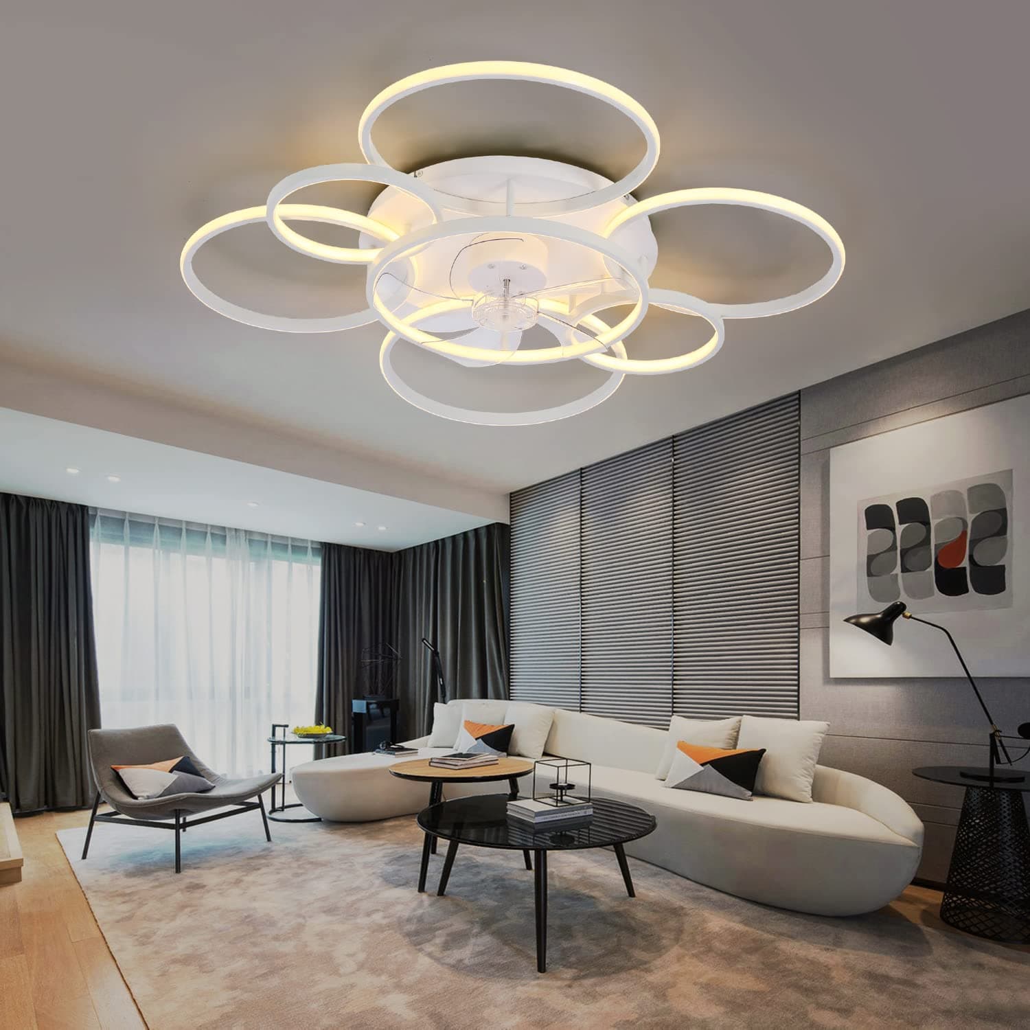 41" Ceiling Fans with Lights, Flush Mount Celing Fan with Led Light and Remote Control for Living Room，Tri-Color Light 6-Speed Wind