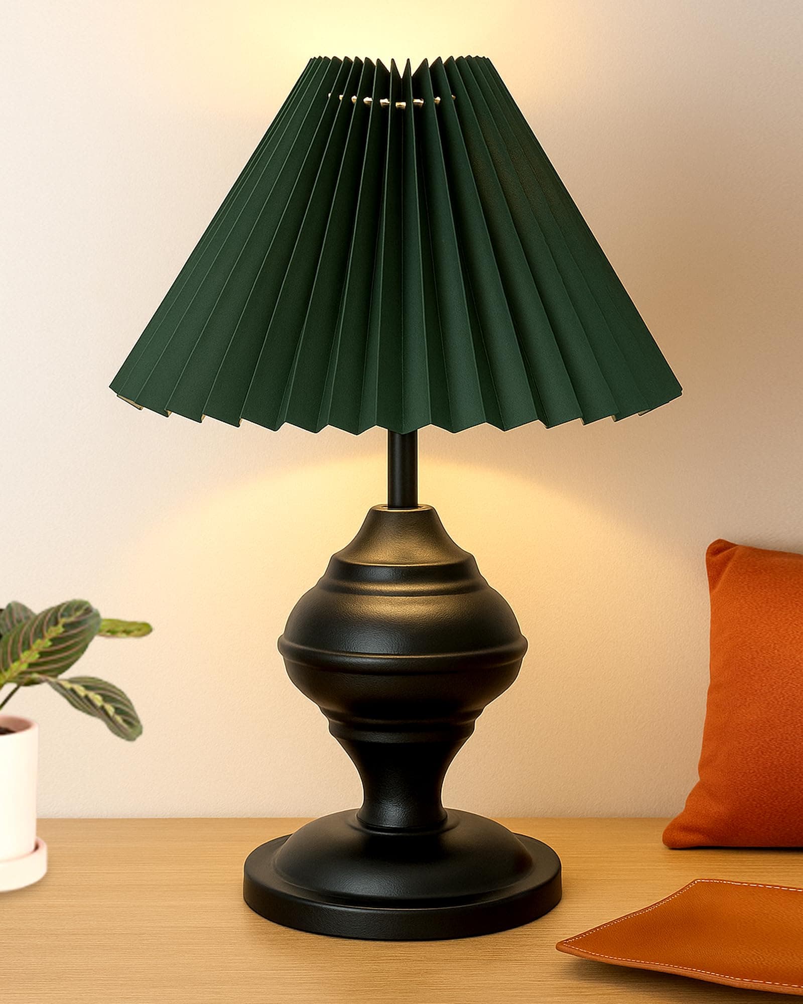 Bedside Black Metal Table Lamp with Fabric Shade, Incandescent, E27 Holder, Desk Lamp, Night Lamp, Office, Nightstand, Table Lamp for Living Room, Study Room, Kids Room, Pleated (Green)