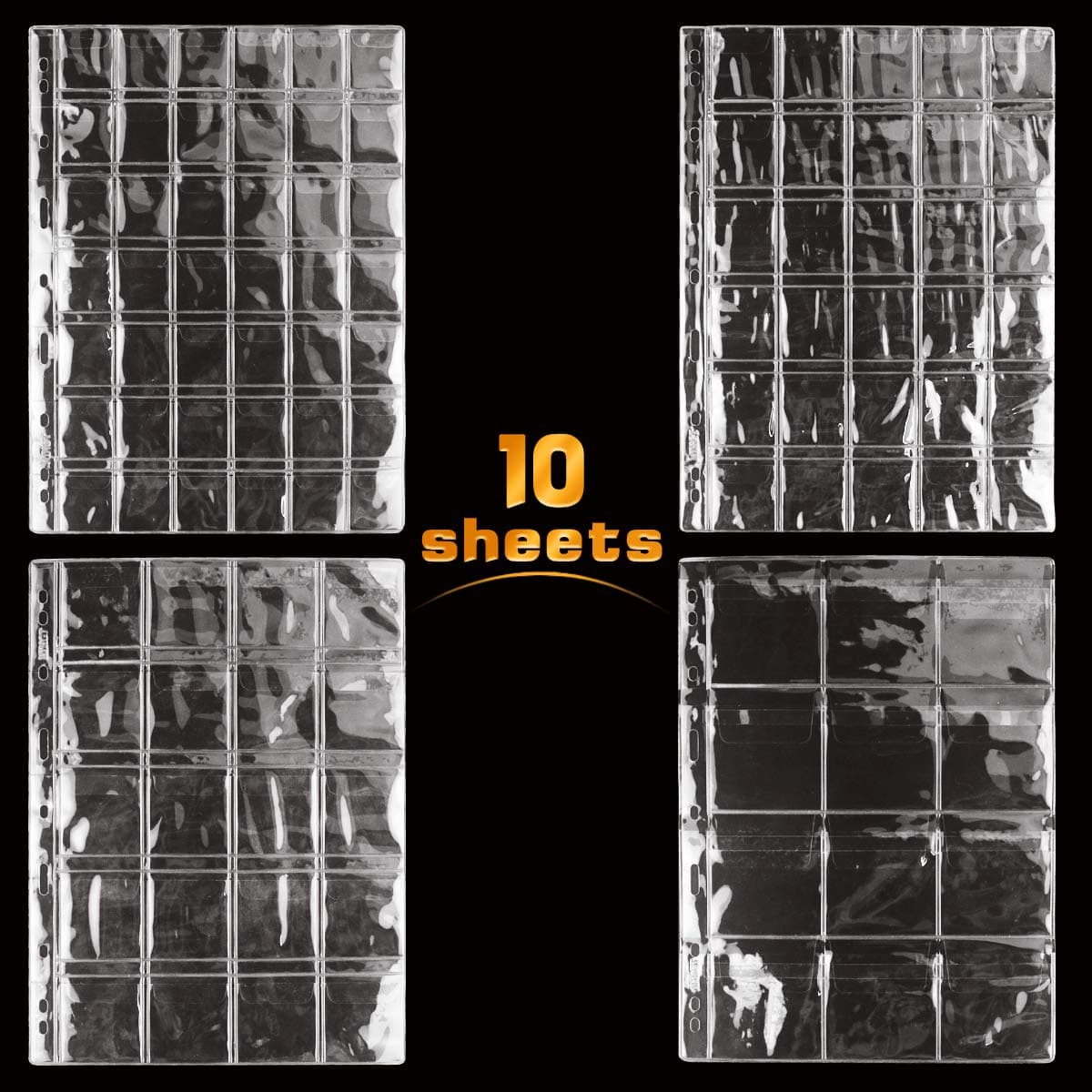 Neworkg 10 Sheet Clear Plastic Coin Pocket Pages Coin Holders Stamp Currency Protector Coin Stamp Collector Coin Collecting Album Supplies Binder Sheets, 4 Sizes