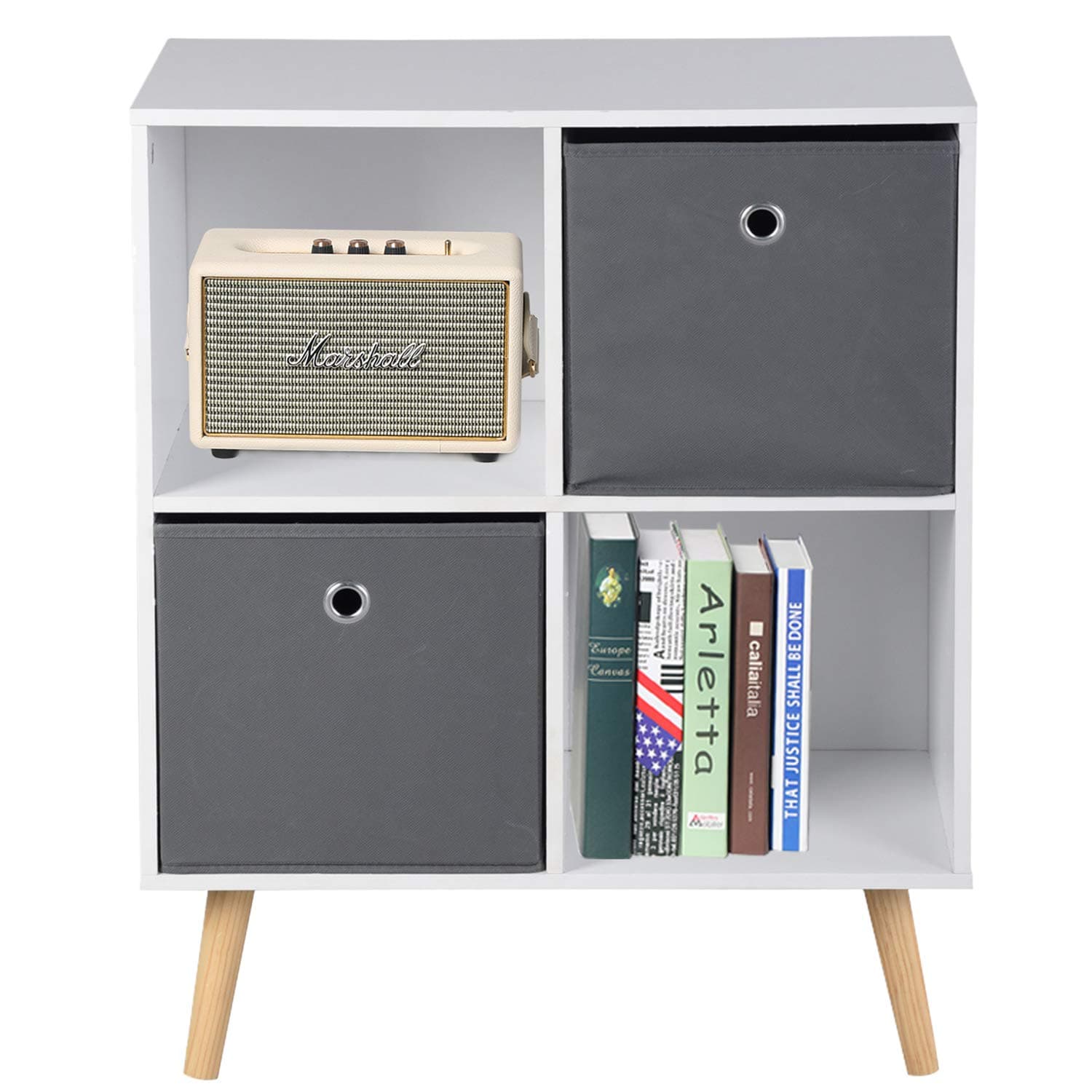 ASUUNY White Sideboard, Open Side Cabinet 4 Cubes with 2 Drawers, Wooden Storage Cupboard Bedroom Living Room Bedside Cabinet, 23.6 X 11 X 29.5 Inch