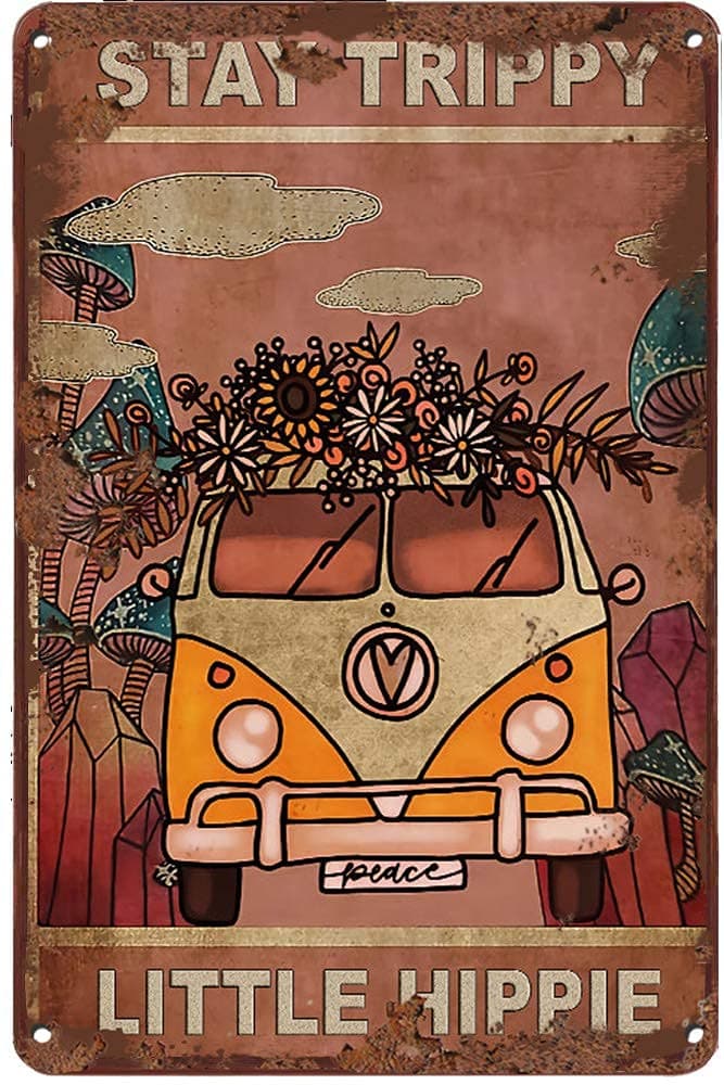LINQWkk Creative Tin Sign Stay Trippy Little Hippie Funny Novelty Metal Sign Retro Wall Decor for Home Gate Garden Bars Restaurants Cafes Office Store Pubs Club Sign Gift 12 X 8 INCH Plaque Tin Sign