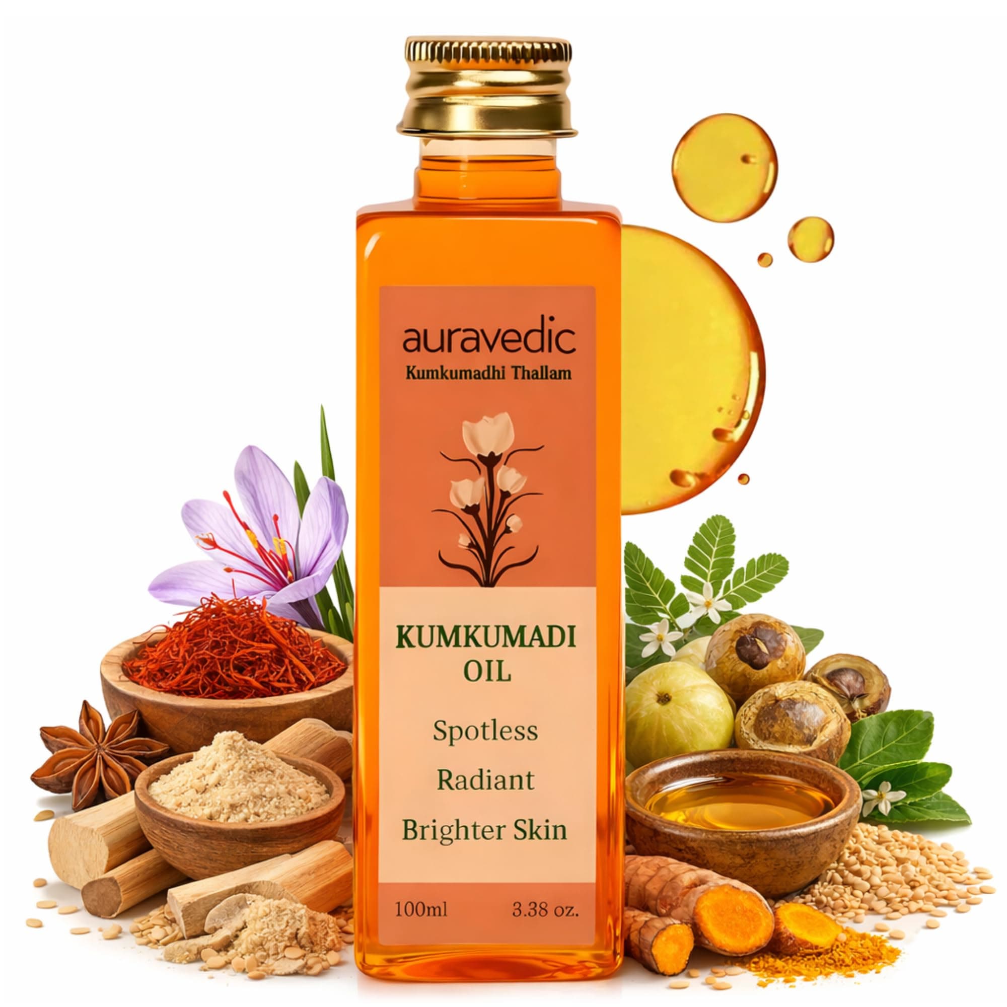Auravedic Kumkumadi Oil Pure Saffron for Ultra Radiant Skin | Ayurvedic Oil for Dull, Dehydrated & Tired Skin | Lightweight Hydrating Formula for Smooth Texture | 3.38 Fl Oz (100ml)