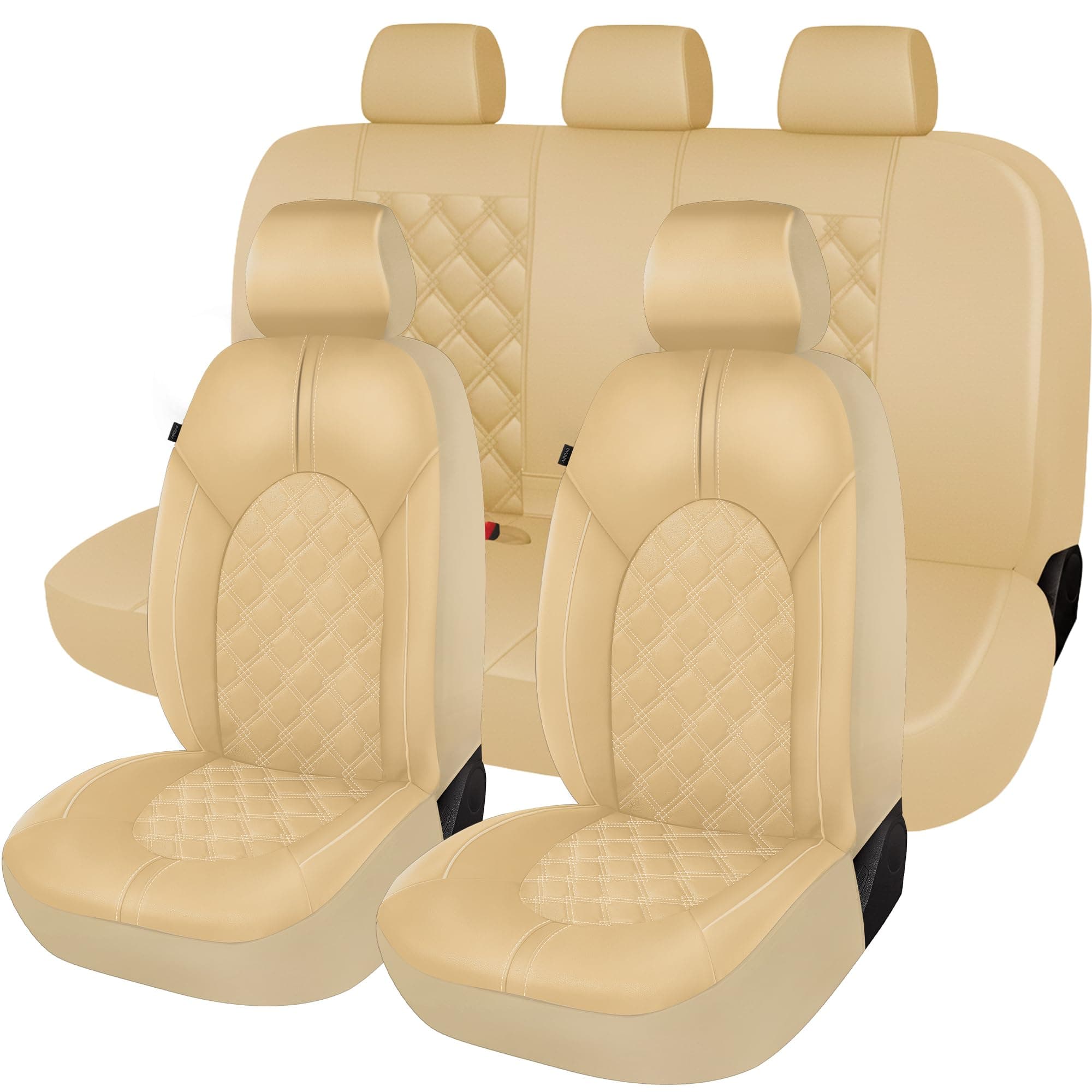 CAROMOP Luxury Leather Car Seat Covers Full Set-Waterproof Seat Protectors with Split Bench Seat Covers for Cars-Universal Cars Interior Covers for Sedans, SUVs, Pick-up Trucks(Beige/Beige Line)
