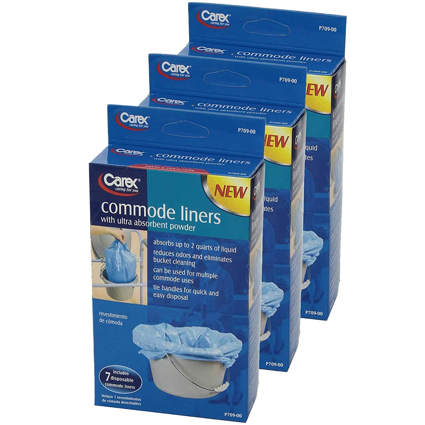 Commode Liners, 21 Liners - Fits Most Commodes, with Absorbent Powder, Holds 2 Quarts Liquid, Disposable - 7 Toilet Liners/Box, Pack of 3.