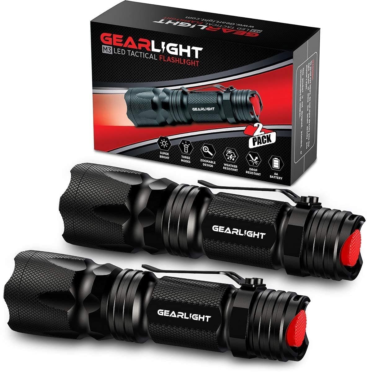 M3 Mini LED Flashlight - 2 Bright, Small Tactical Flashlights with High Lumens and Pocket Clip for Camping, Outdoor & Emergency Use ﻿ - Black