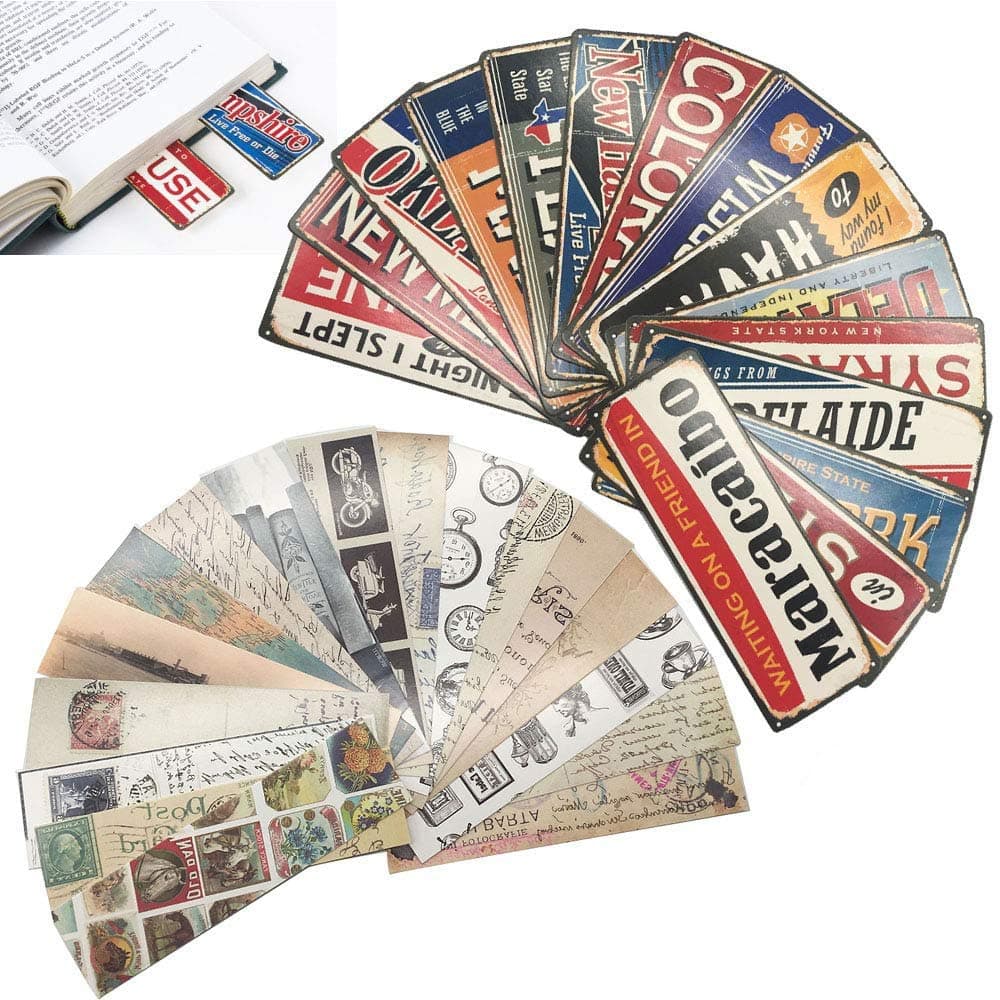 Vintage Style Bookmarks for Women Men, American Vintage Nameplate Book Marker Cards - Best Quality Bulk Set (60 Pack）