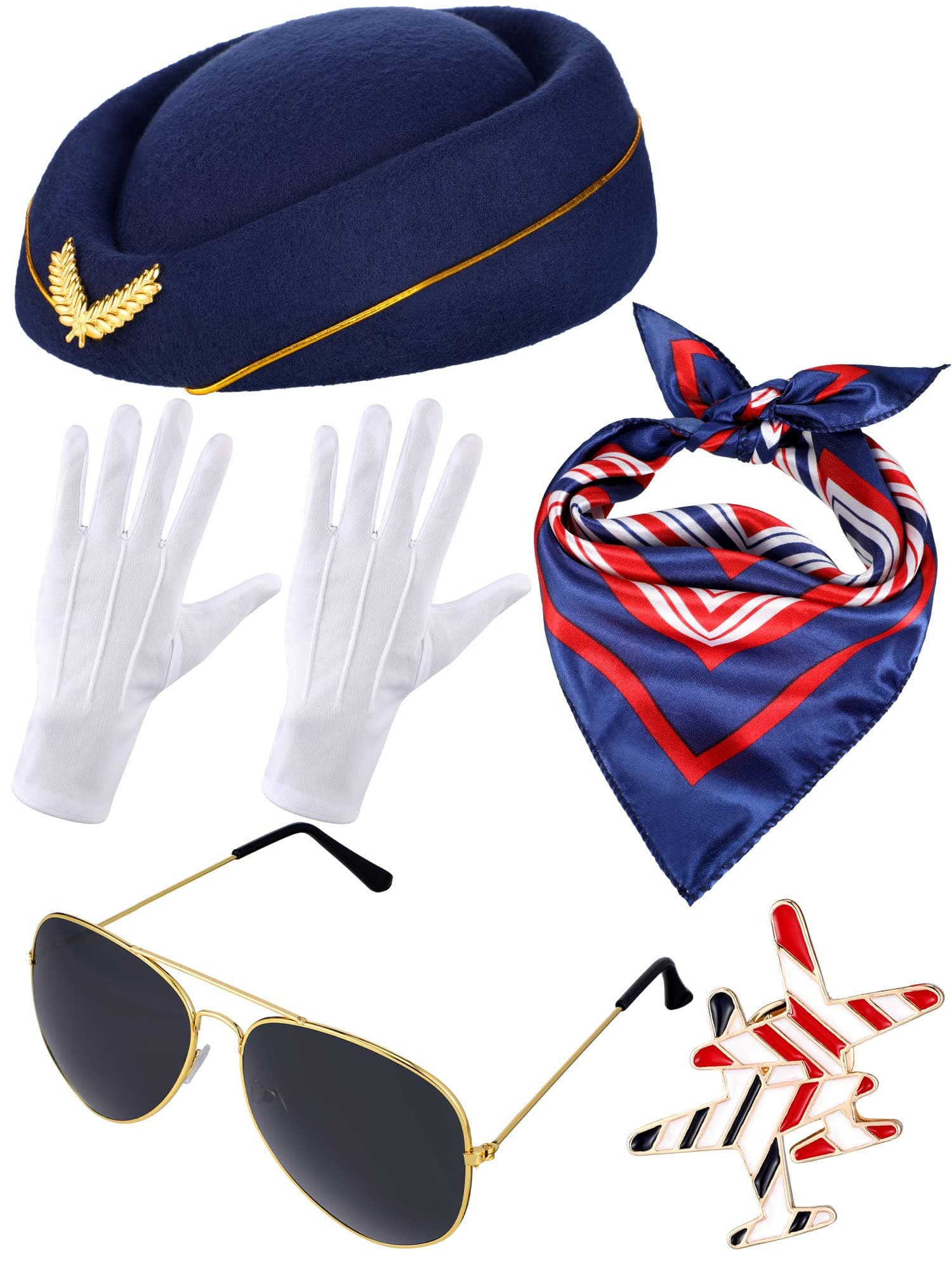 Bencailor 6 Pcs Women's Flight Attendant Costume Accessories Stewardess Outfits Flight Attendant Hat Sunglasses Scarf Gloves