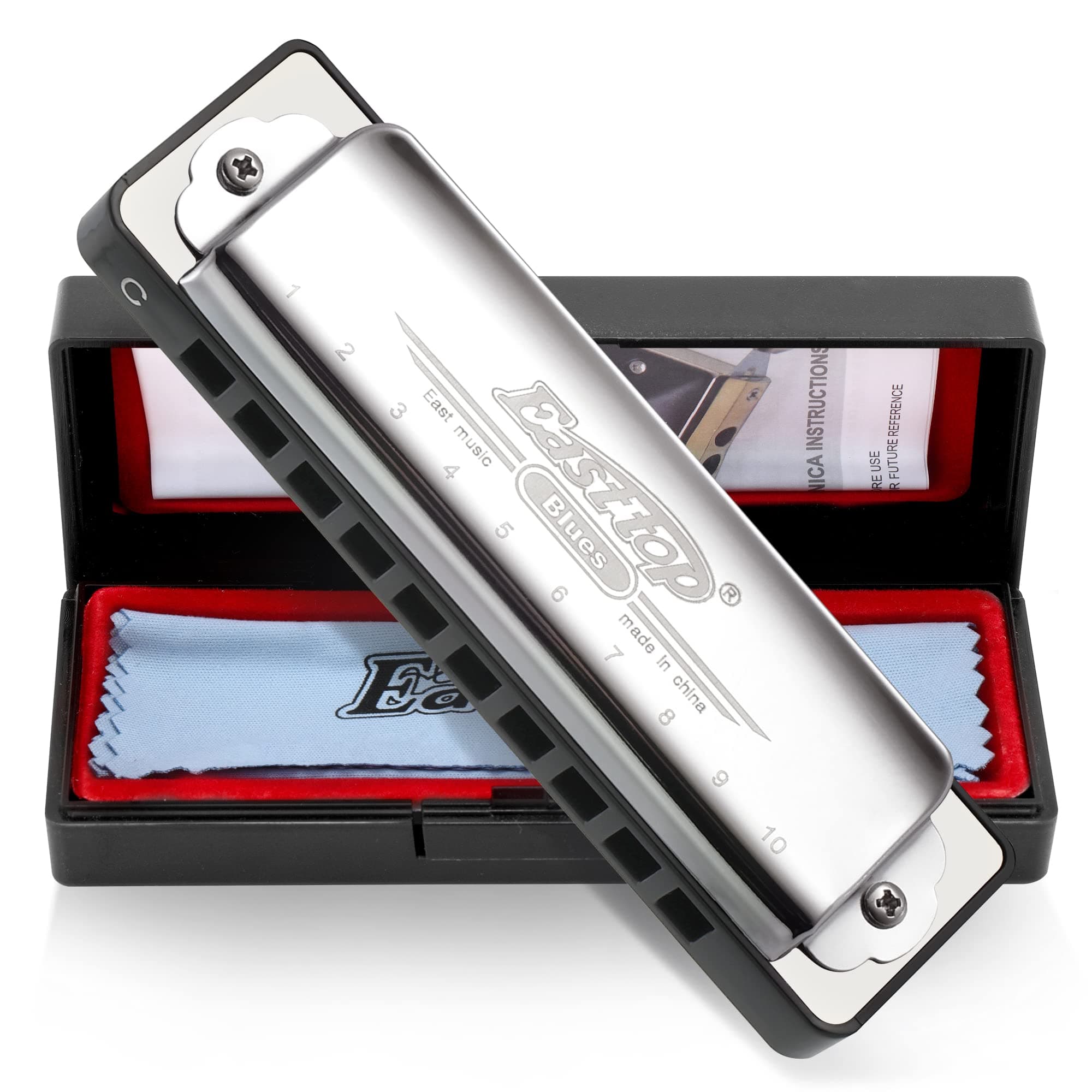 East top 10 Holes 20 Tonse Diatonic Blues Harmonica Key of C, T004 with Case for Professional Player, Beginner and Students