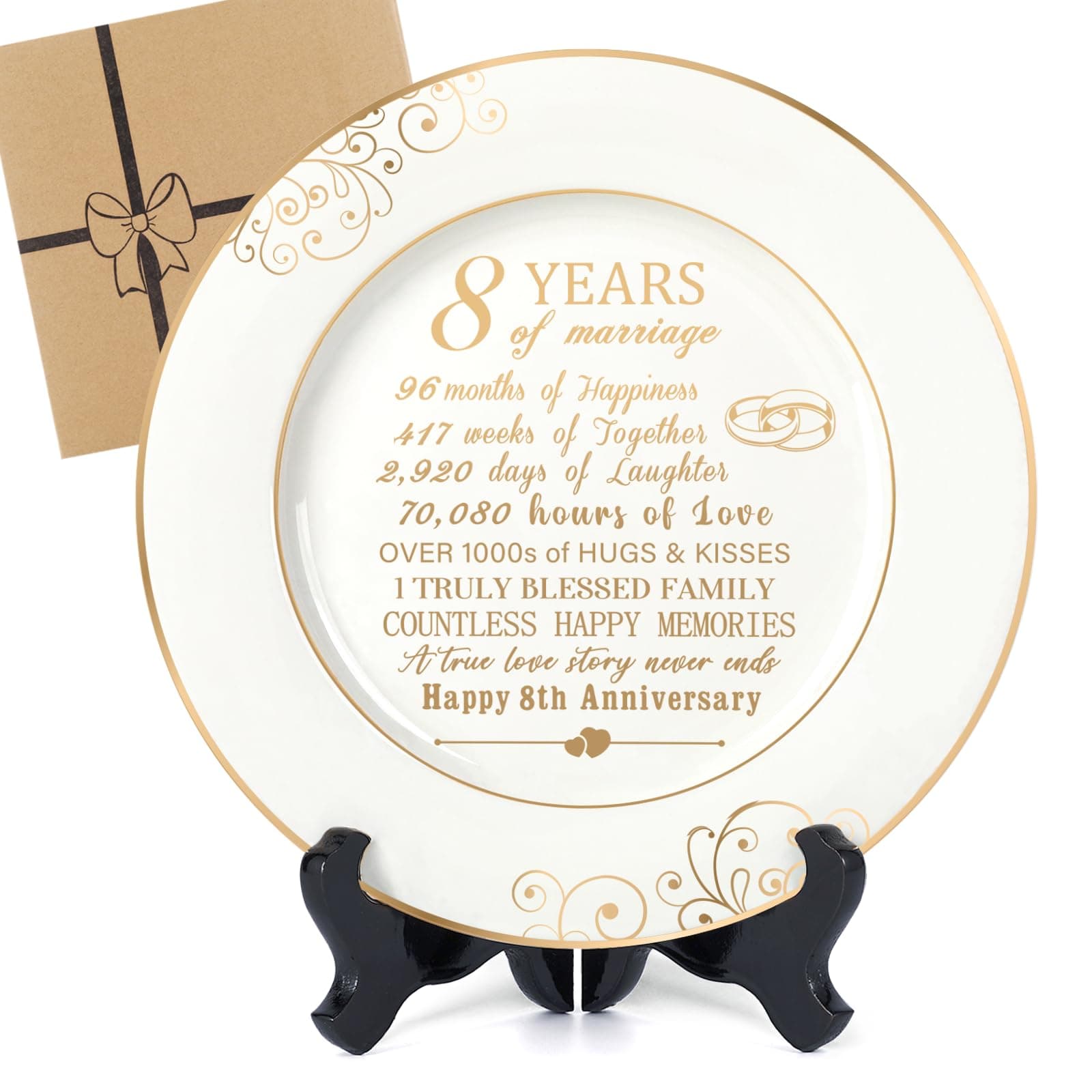 8th Anniversary Plate with 24k Gold Foil - Bronze Anniversary Wedding Gifts for Her Him, 8 Year Decorations Gift for Couple Wife Husband, Ceramic 9"