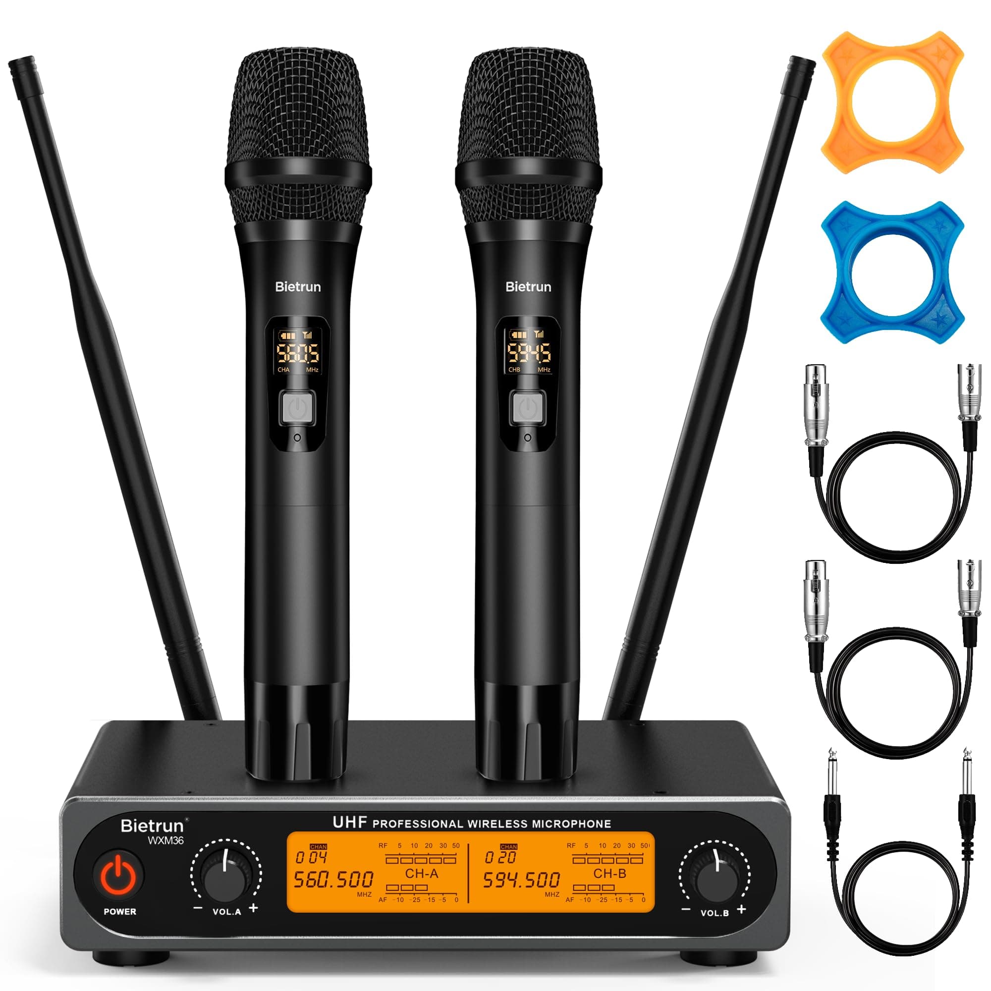 Bietrun Wireless XLR Microphone System, 165 ft Range, Professional UHF Dual Metal Cordless Dynamic Handheld Microphone with XLR Cable for Audio Mixer, Amplifier, Karaoke, Church, Speech, Wedding