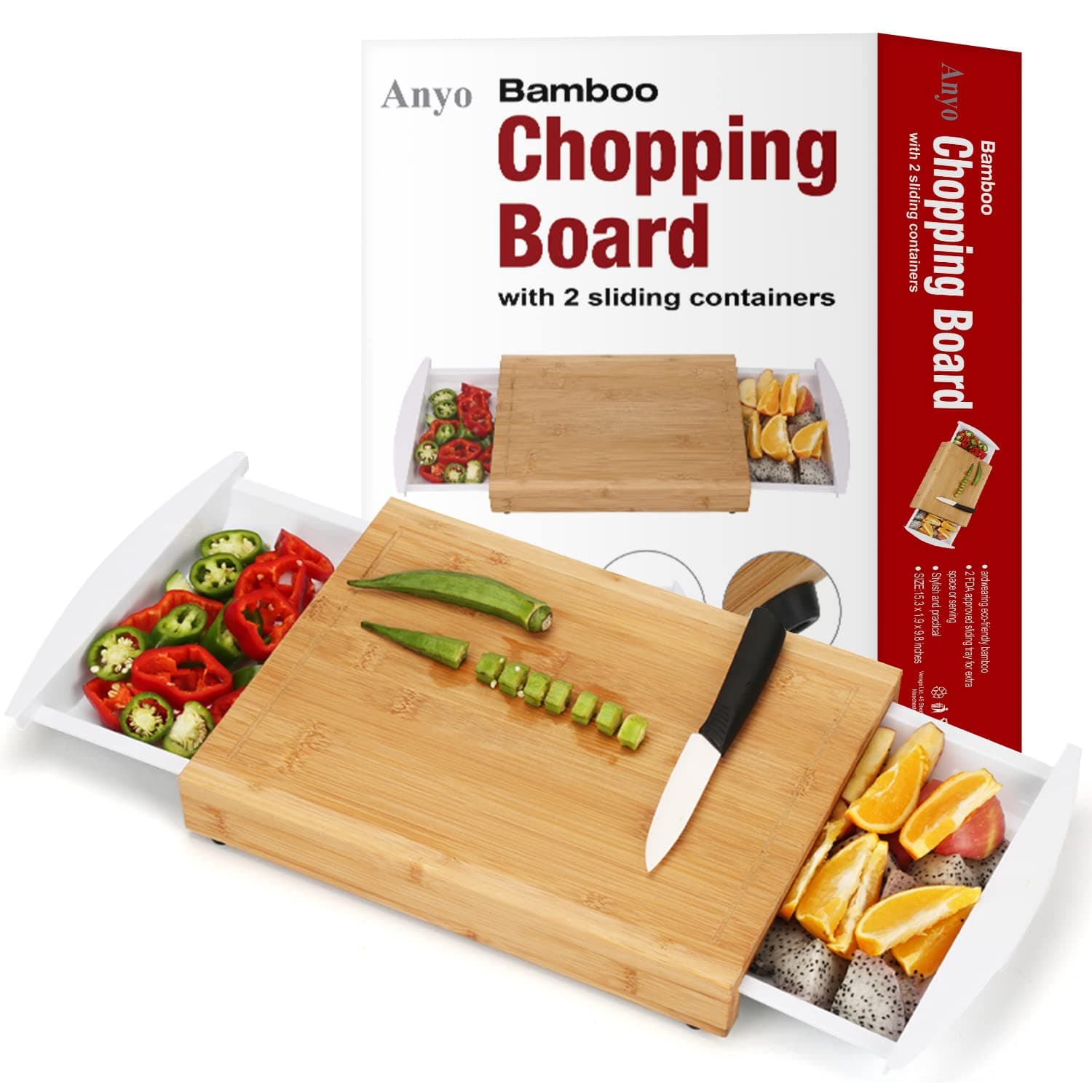 Bamboo Chopping Cutting Board with Tray, MOSO Cutting Boards with 2 Drawers for Kitchen, Cutting Board with Juice Groove Veggie/Cheese BPA Free Tray Easy Cook with Non-Slip Feet Ultimate Cutting Board