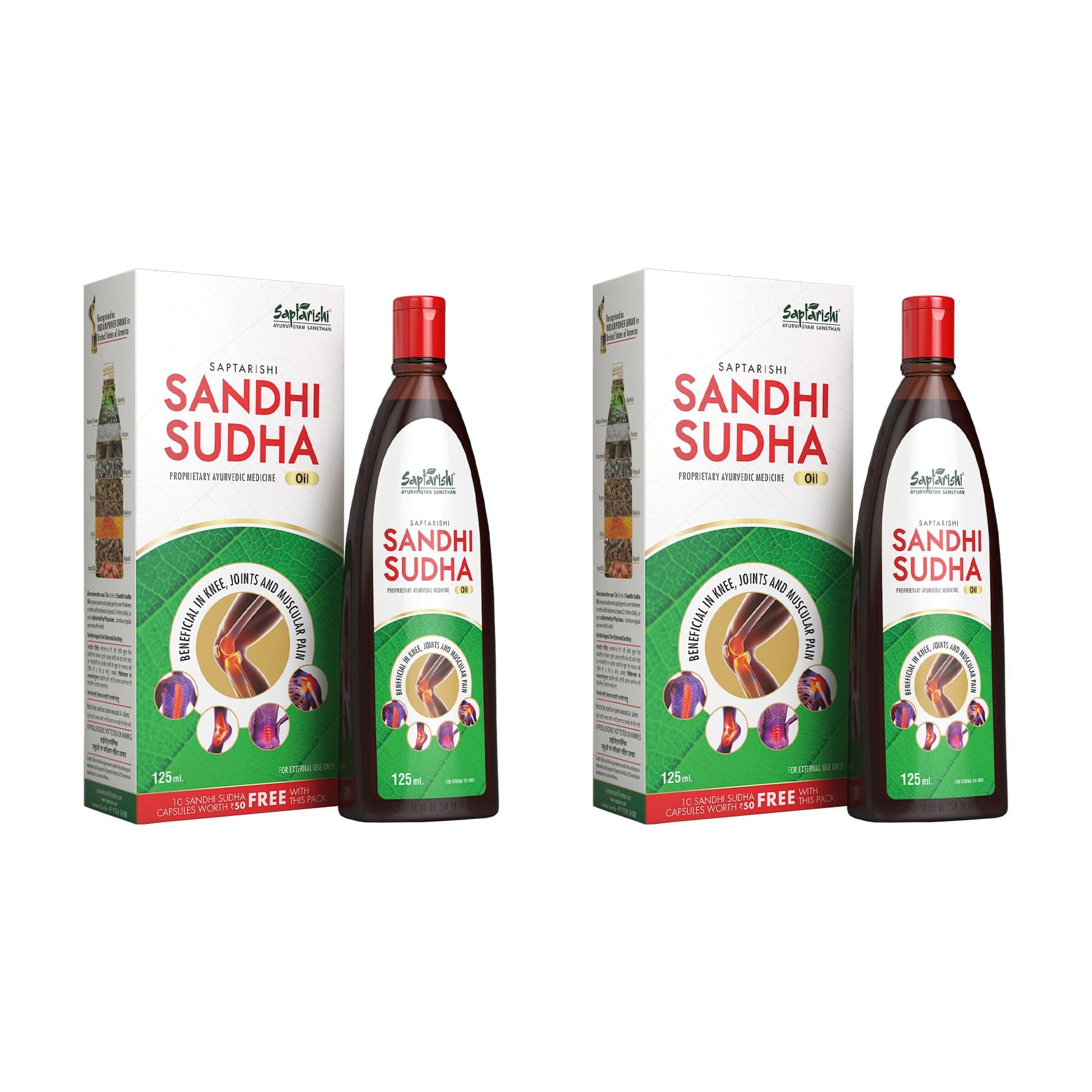 Sandhi Sudha Joint Pain Relief Oil pack of 2 (125 ML Oil+125ML Oil) Combo + 20 Sandhi Sudha Capsules free,Suitable for Men and Women Joints Pain, Knee Pain, Neck Pain, Back Pain, Shoulder Pain Muscles Pain