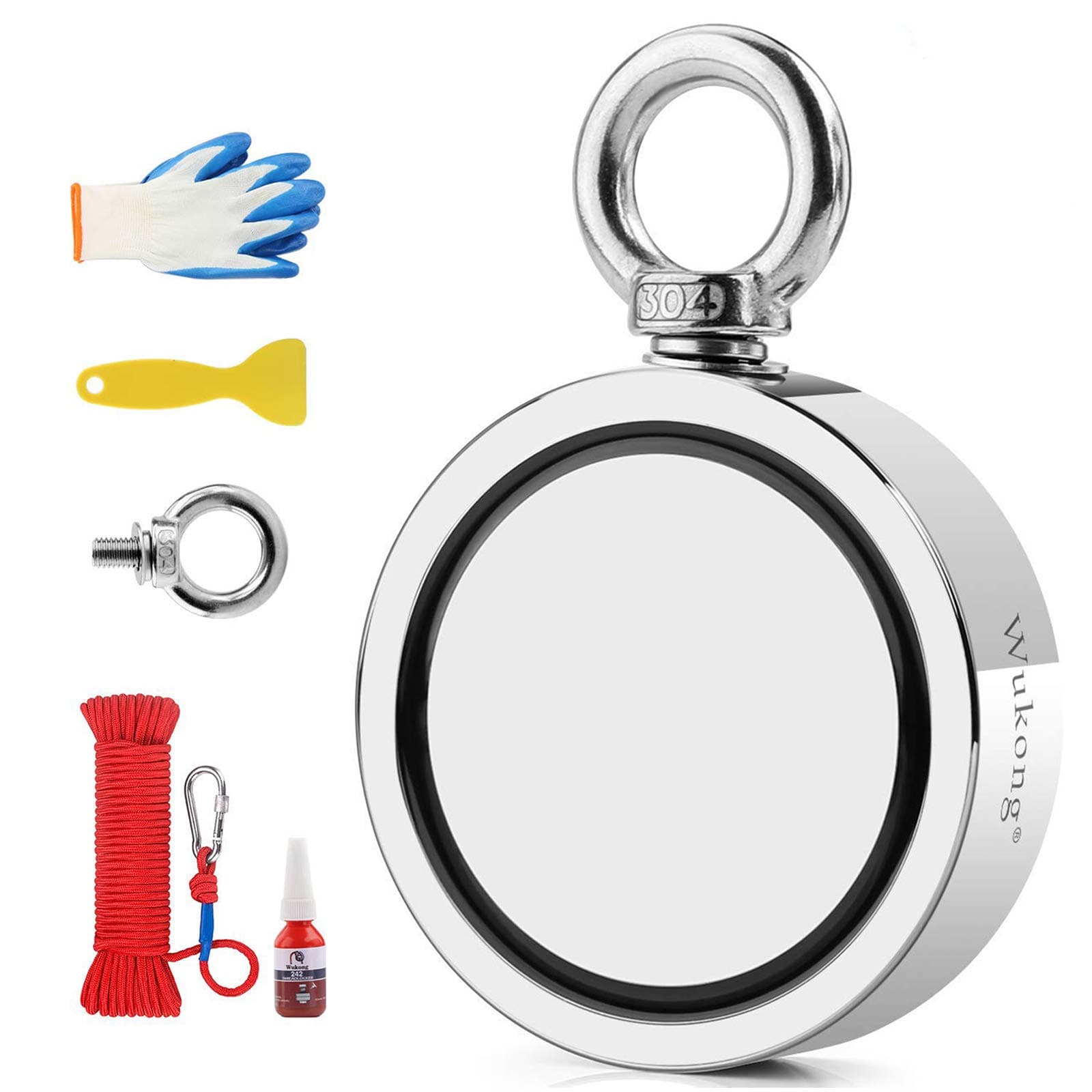 Wukong Double Sided Magnet Fishing,Diameter 94mm,Vertical Tension 770KG 1696LBS N52 Neodymium Eyebolt Magnet with 20m Rope and a Pair of Gloves,Fastening glue,Scraper