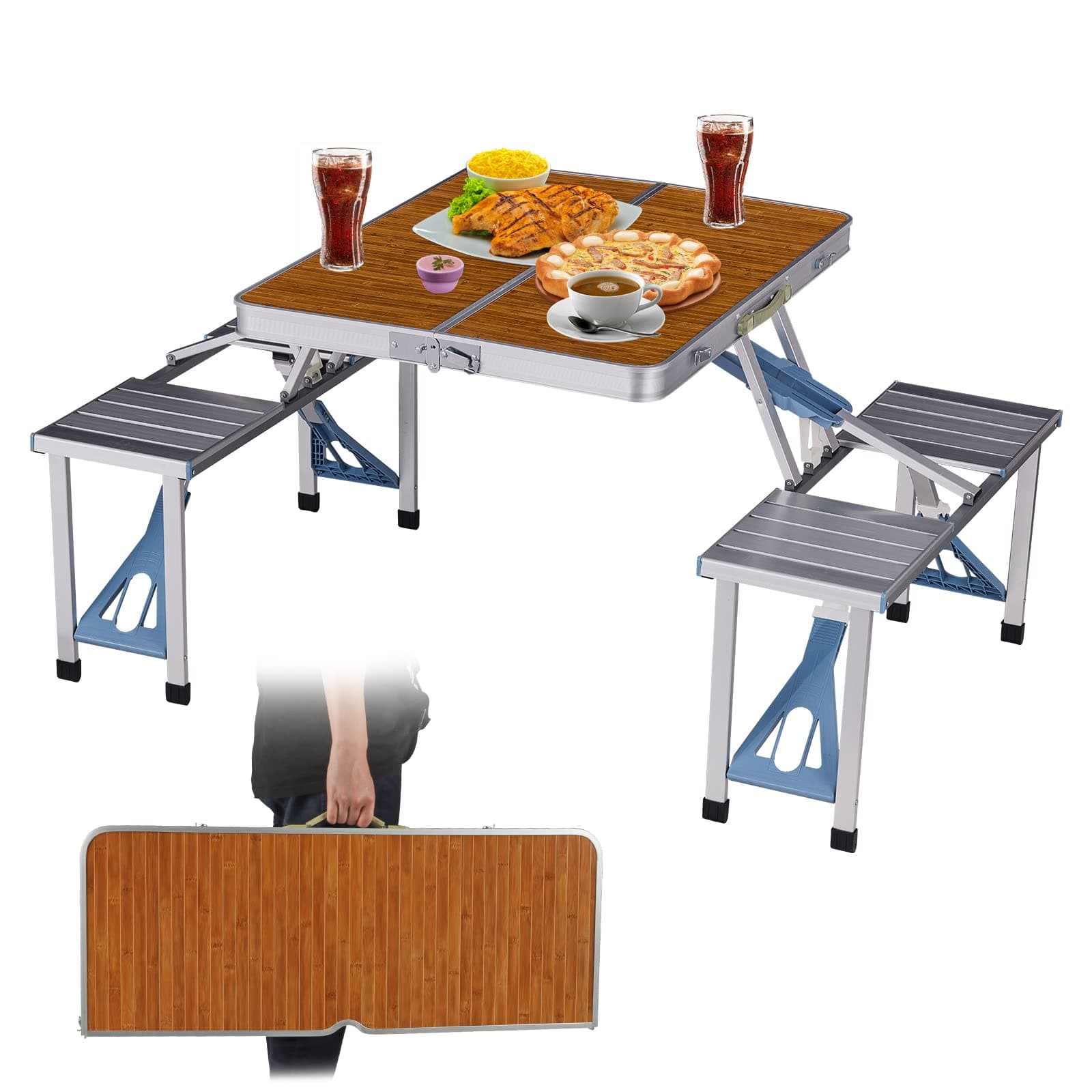 BIGTREEPicnic Table Folding Portable 4-Person Fold Up Travel Camping Table for Indoor, Outdoor Travel, Patio, Lawn, Garden (Bamboo Table)