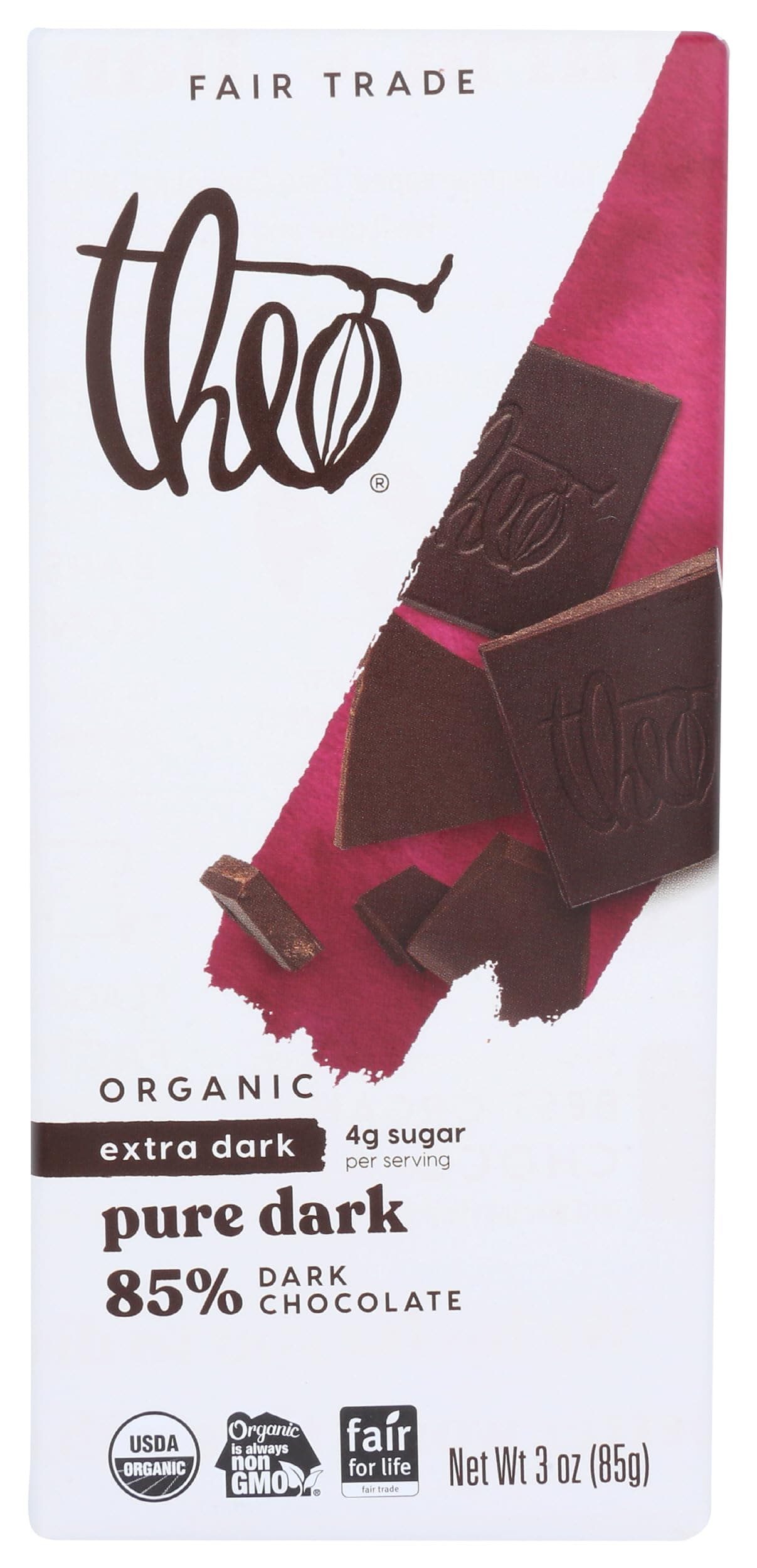 Theo Pure Organic Dark Chocolate Bar, 85% Cacao, 1 Bar | Vegan, Fair Trade