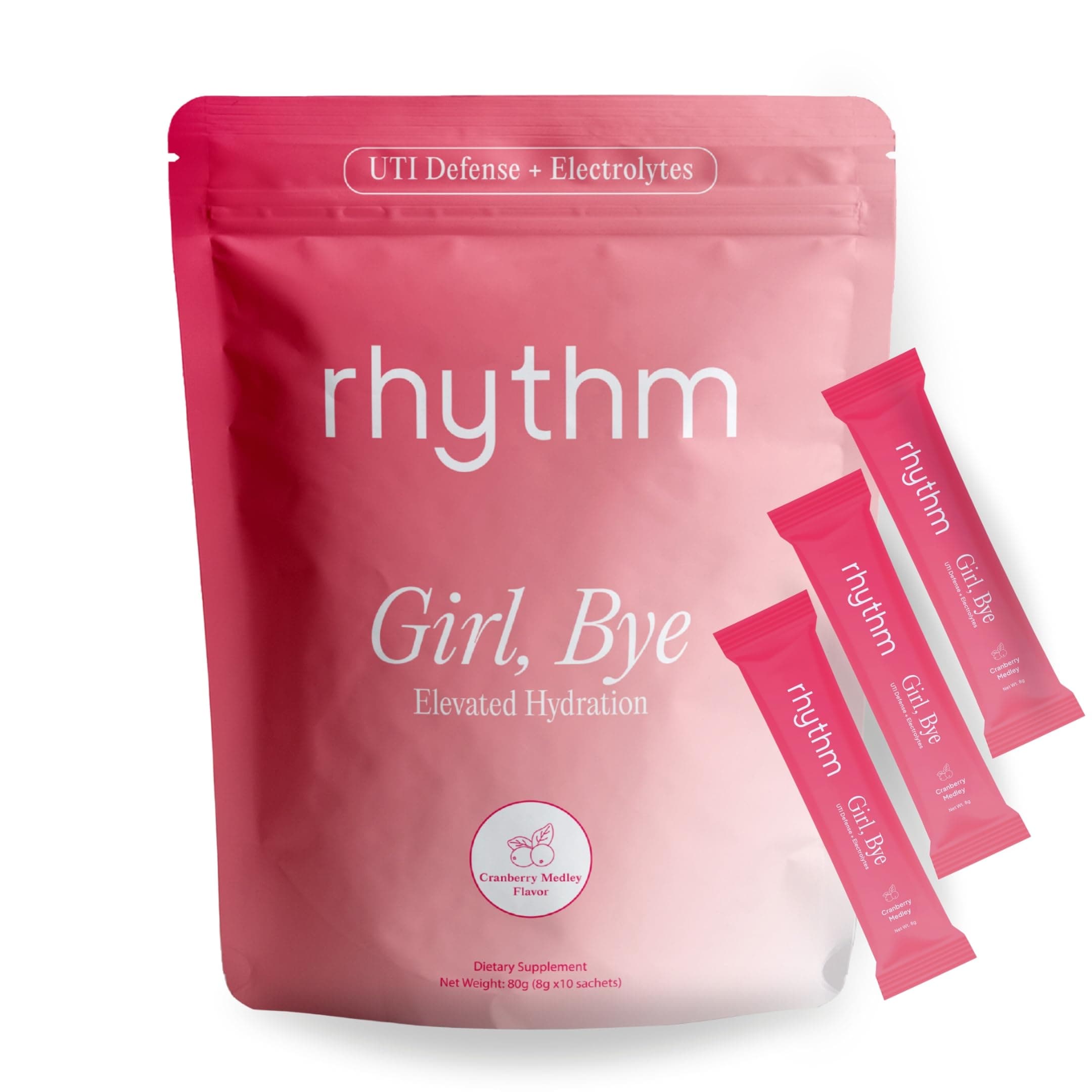 RHYTHM Girl, Bye | Fast-Acting Keto UTI Relief & Defense + Urinary Tract Health Drink Mix | pH Balancing | Workout & Intimacy | Essential Minerals (20 Travel Packs, Cranberry Medley)