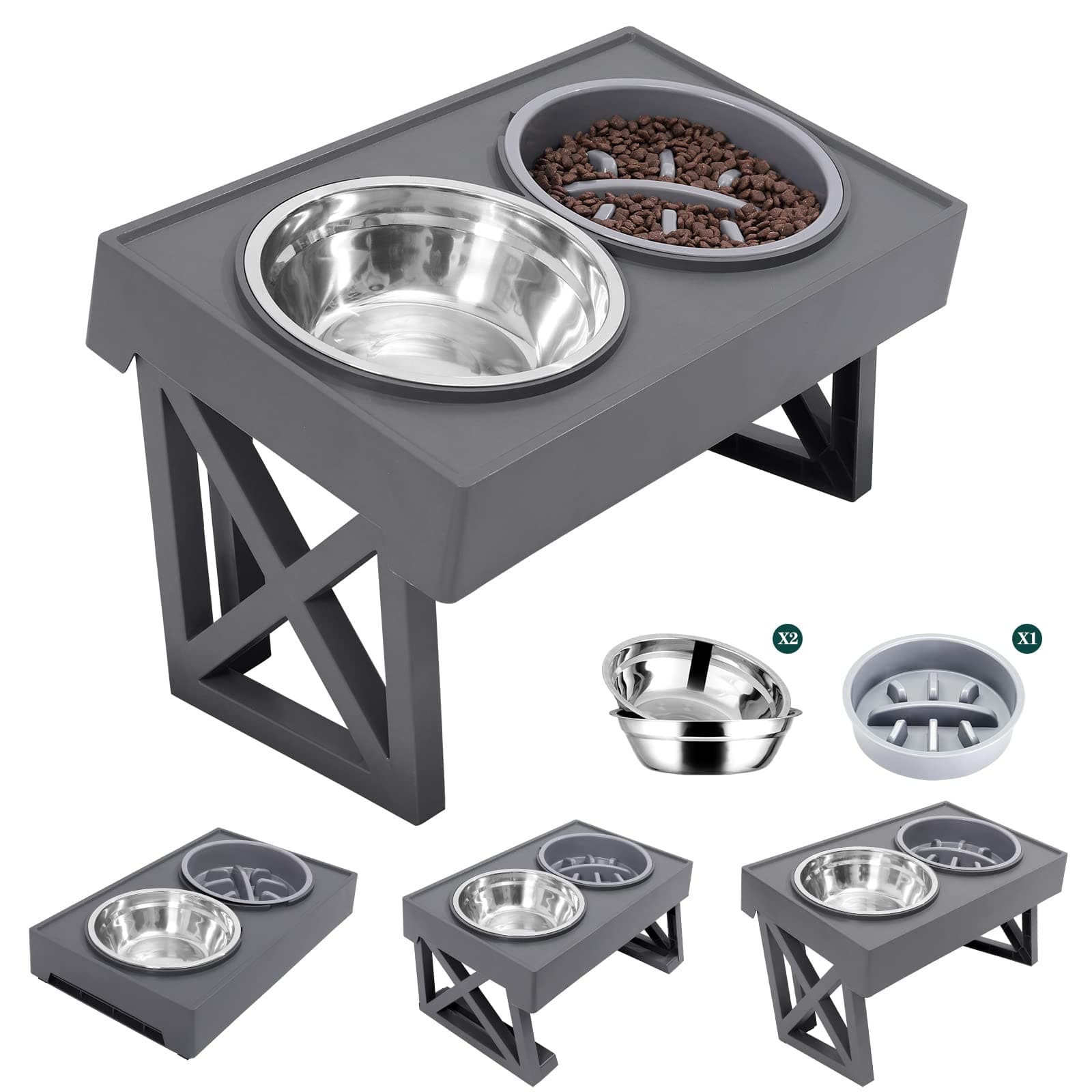 Elevated Dog Bowls Adjustable Raised Dog Bowl with 2 Stainless Steel with Slow Feeder Bowl Dog Food Bowls Stand Non-Slip No Spill Dog Dish Adjusts to 3 Heights for Small Medium Large Dogs and Cats