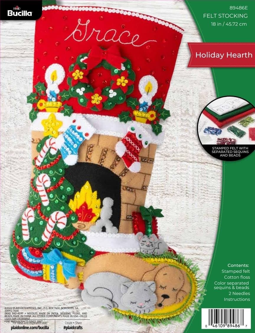 Felt Applique 18" Stocking Making Kit, Holiday Hearth, Perfect for DIY Arts and Crafts, 89486E