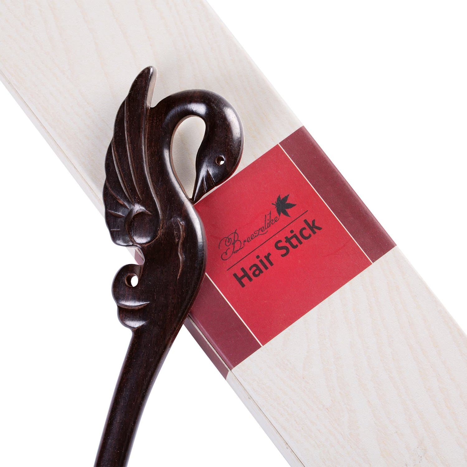 Breezelike Wooden Hair Stick - Carved Ebony Hair Pick : Swan - Handmade Natural Black Sandalwood Hair Pin with Premium Gift Box
