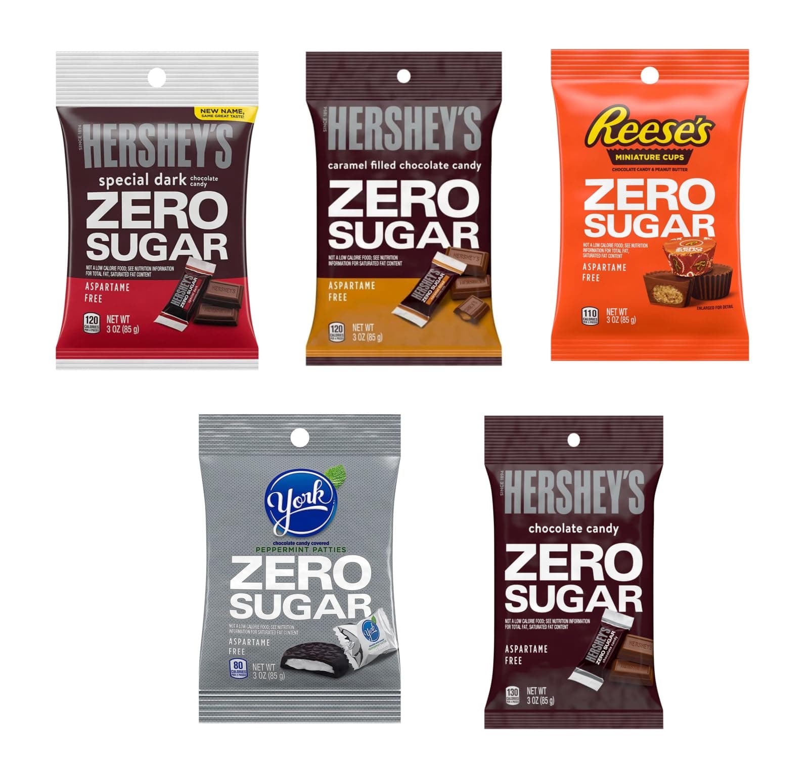 Zero Sugar Hershey Variety of Caramel Filled Chocolates, Peppermint Patties, Peanut Butter Cups, Perfect Stocking Stuffer, Amazing Taste for the Whole Family - 3 oz Bags (Pack of 5)