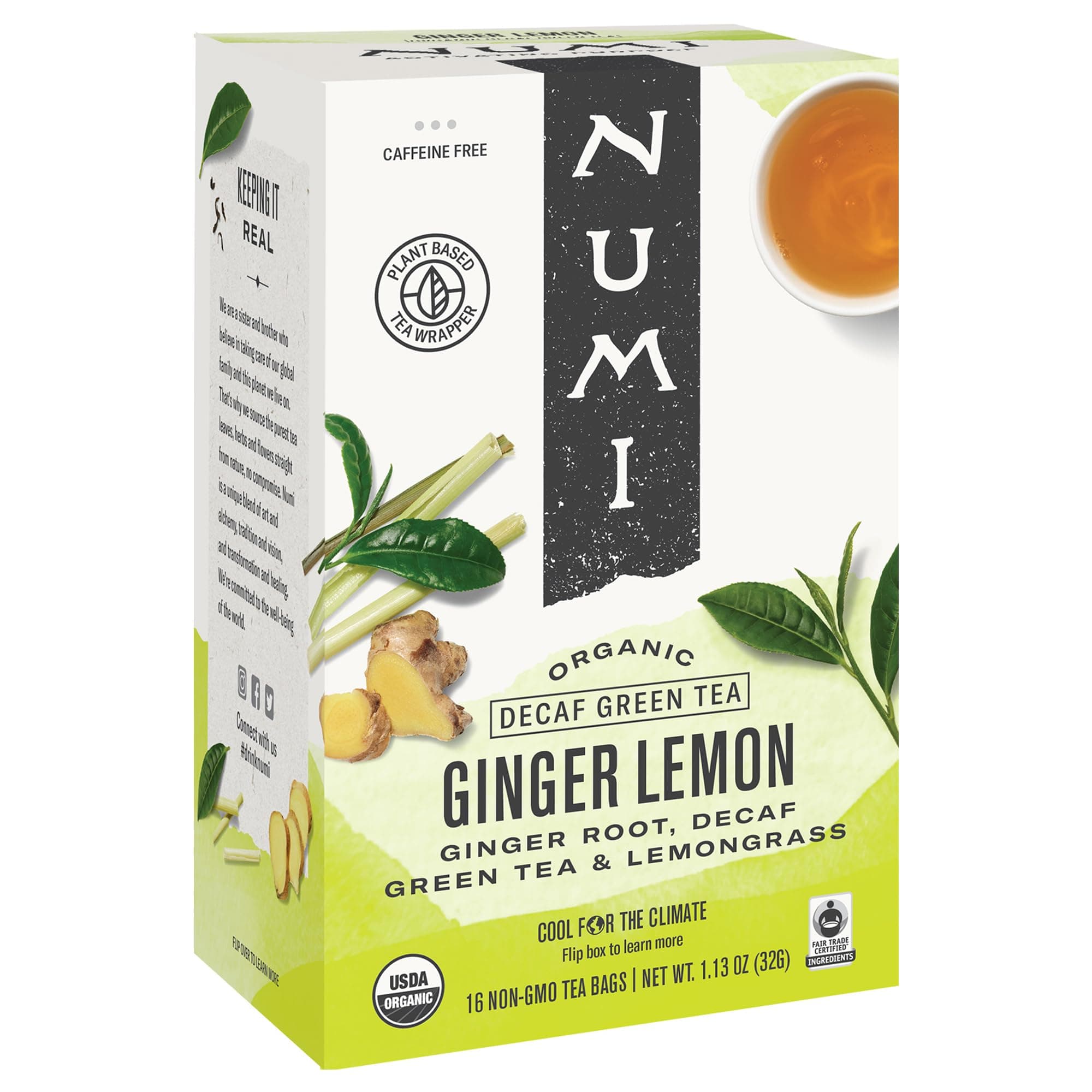 Organic Ginger Lemon Decaf Tea, 16 Green Tea Bags, Micro-Plastic Free