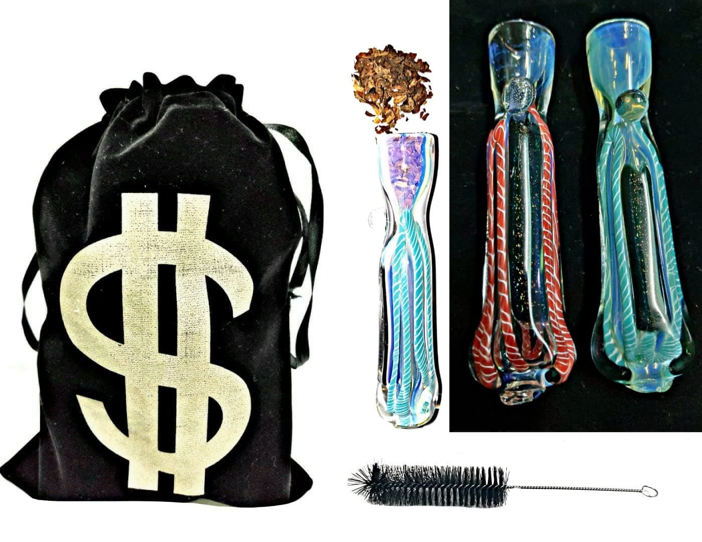 Glass One Hitter (Chillum 2 Pieces Combo Pack) Dichroic Color Art Jewels Pipe for Weed and Tobacco 3 Inch Including Accessories & Velvet Pouch
