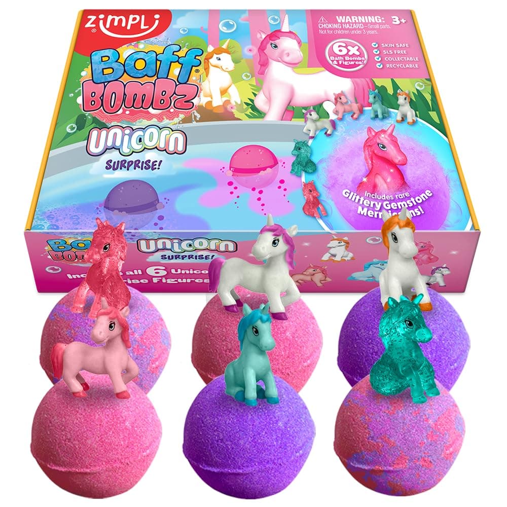Zimpli Kids 6 Large Unicorn Surprise Bath Bombs, 6 Surprise Unicorn Toys Inside! Children's Birthday Gifts, Bath Toy for Boys and Girls