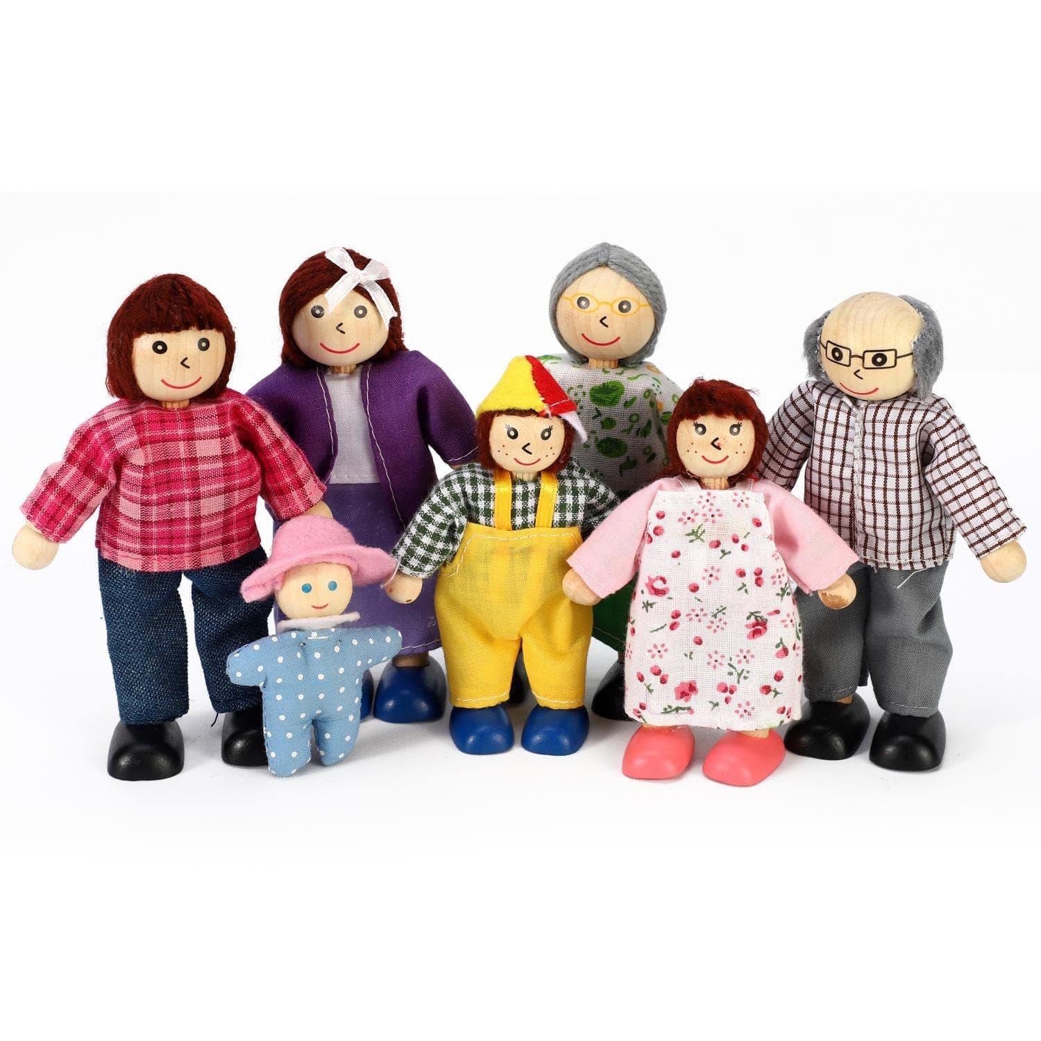 SOKA Set of 7 Happy Family Set Wooden Figures Dolls Play Set Accessories for Dollhouse Pretend Role Play Toy Set Children Kids Girls Boys 3 year old +