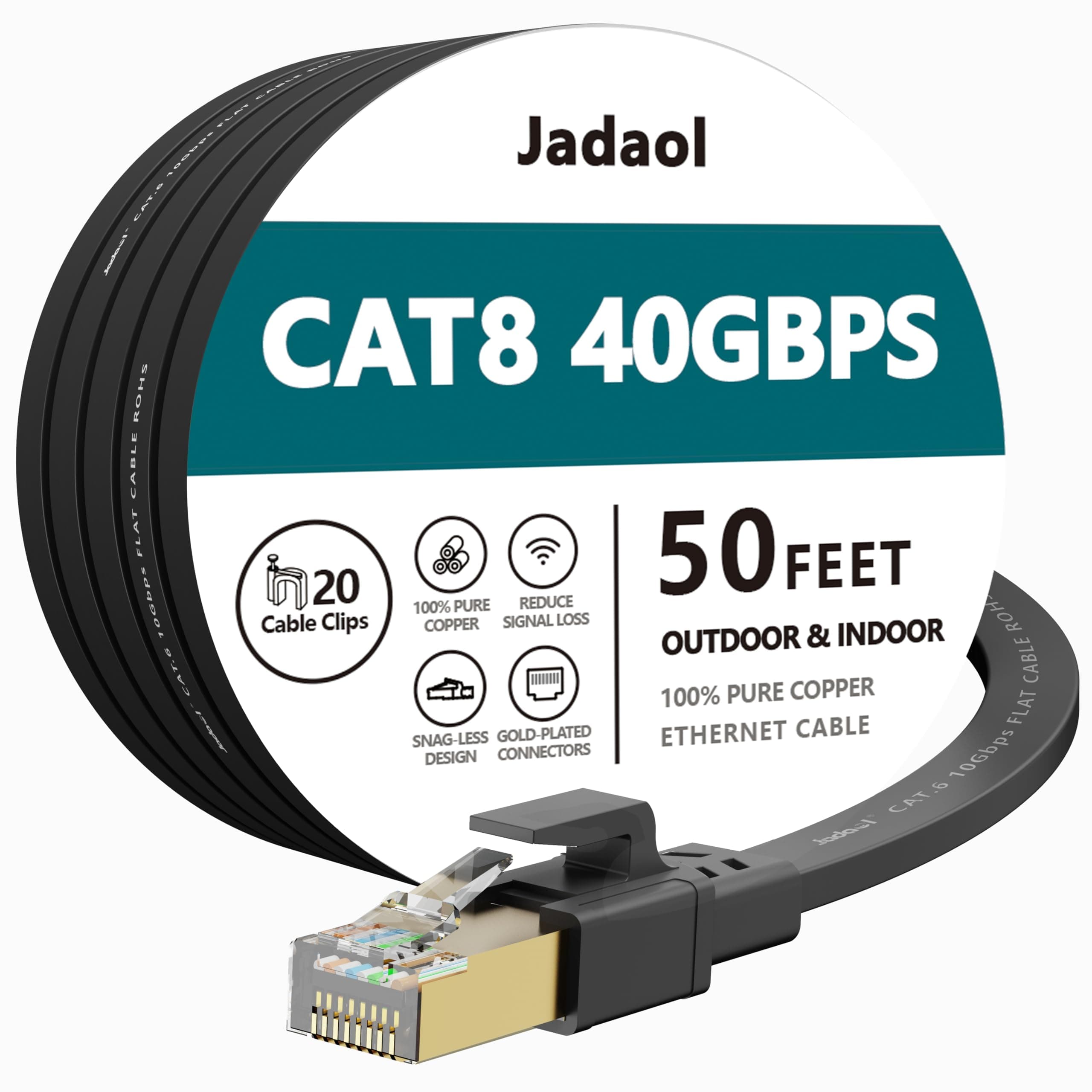 Cat8 Ethernet Cable, Outdoor&Indoor, 50 FT Heavy Duty High Speed Cat 8 LAN Network Cable, 40Gbps 2000MHz RJ45 Flat Internet Computer Patch Cord, Weatherproof S/FTP UV Resistant for Router/Modem/Gaming
