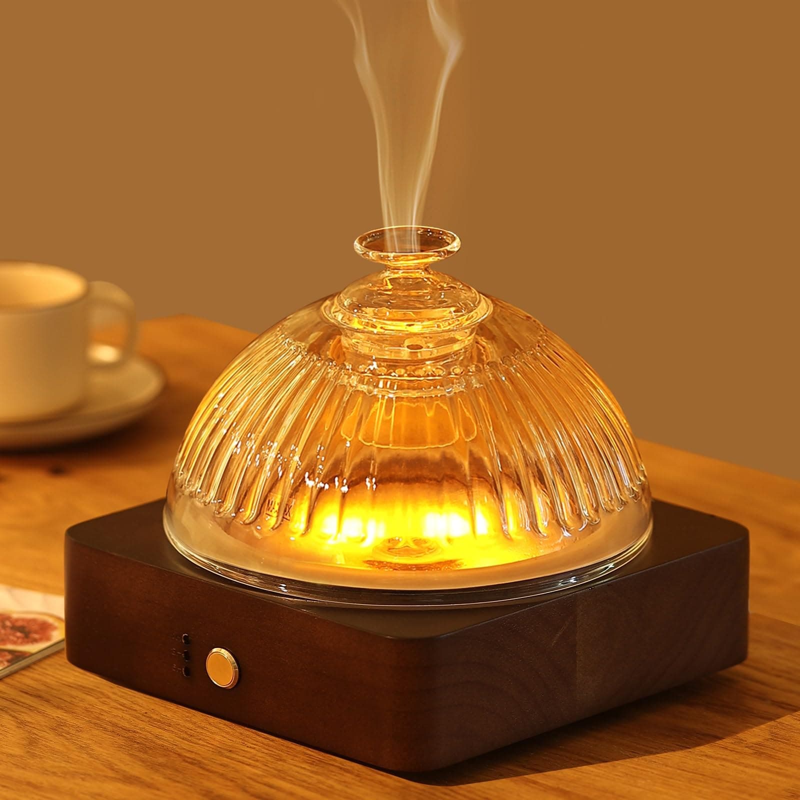 200ml Glass Dome Essential Oil Diffuser, Ultrasonic Aroma Diffusers with Glass Reservoir Wood Base with Timer Auto-Off Brightness Adjustable Flame Light - Dark