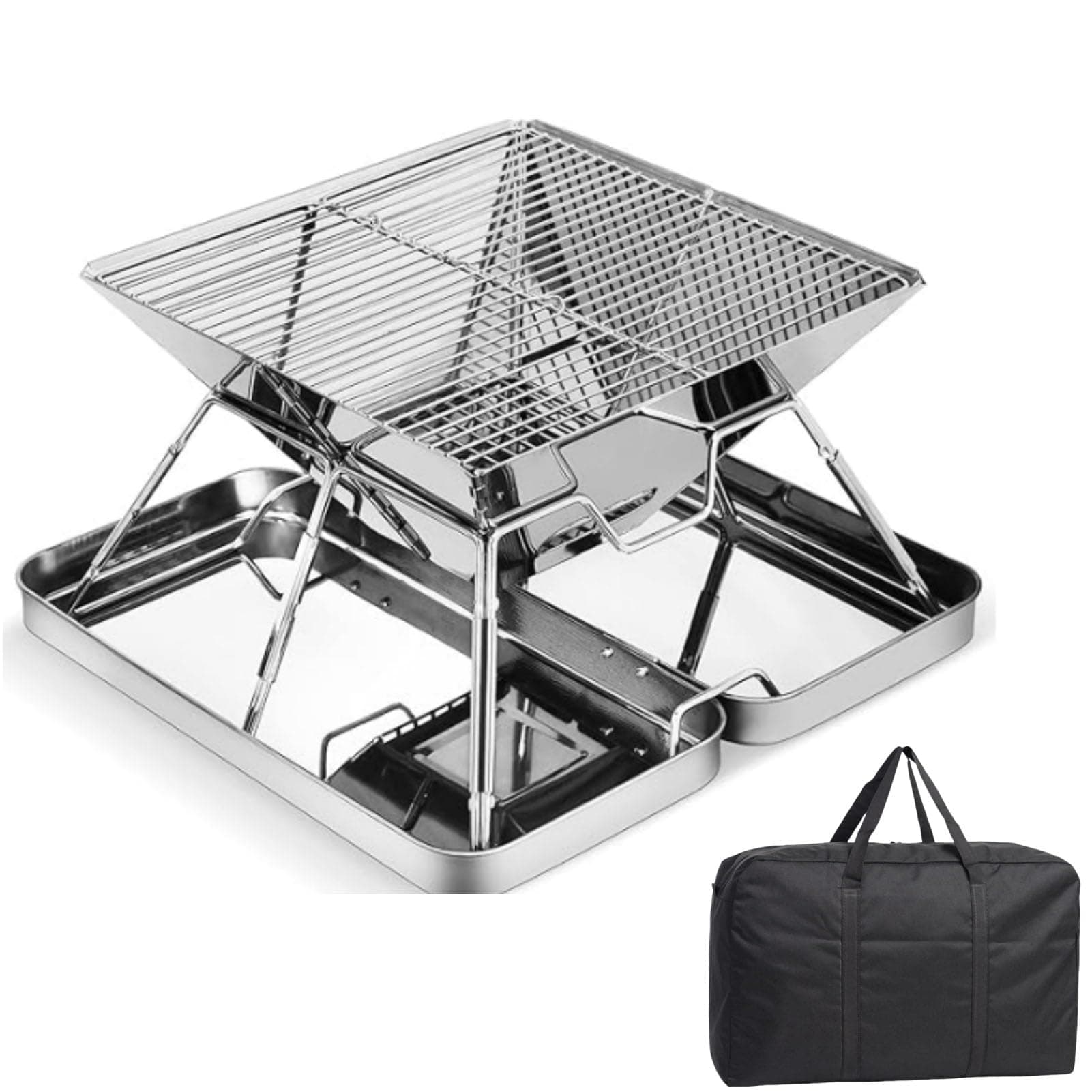 Portable Folding Charcoal Grill, Folding Stainless Steel Camping Fire Pit, Backpacking Grill for Outdoor Cooking Hiking Camping Picnics with Carrying Bag - Silver