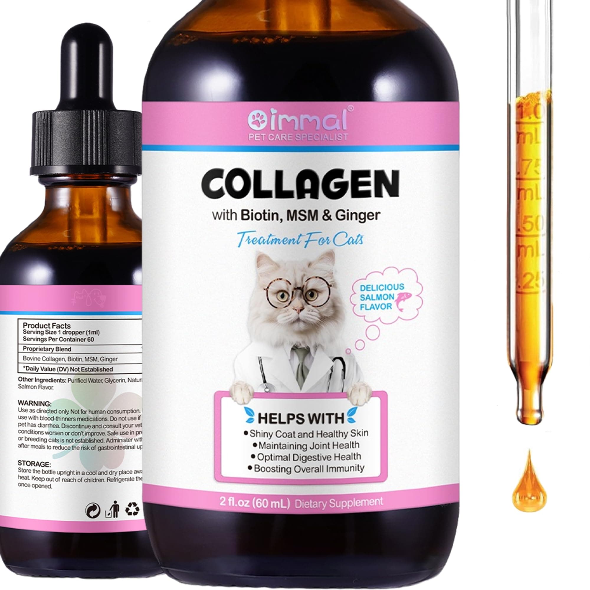 Collagen for Cats, Liquid Collagen for Cats, Cat Hip & Joint Care with Collagen, Vitamin C, Biotin, MSM, Ginger and Hyaluronic Acid - 2 fl oz - Salmon Flavor