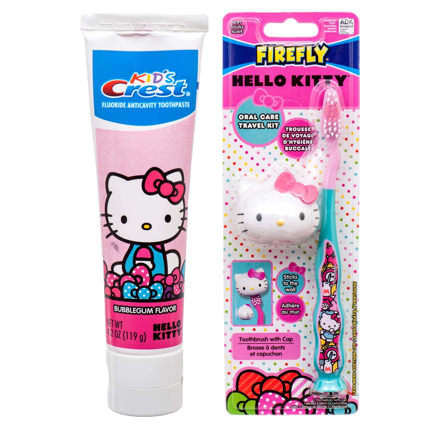 Hello Kitty Toothbrush with Suction Cap and Hello Kitty Crest Toothpaste 4.2 oz Kids Dental Set Travel Kit