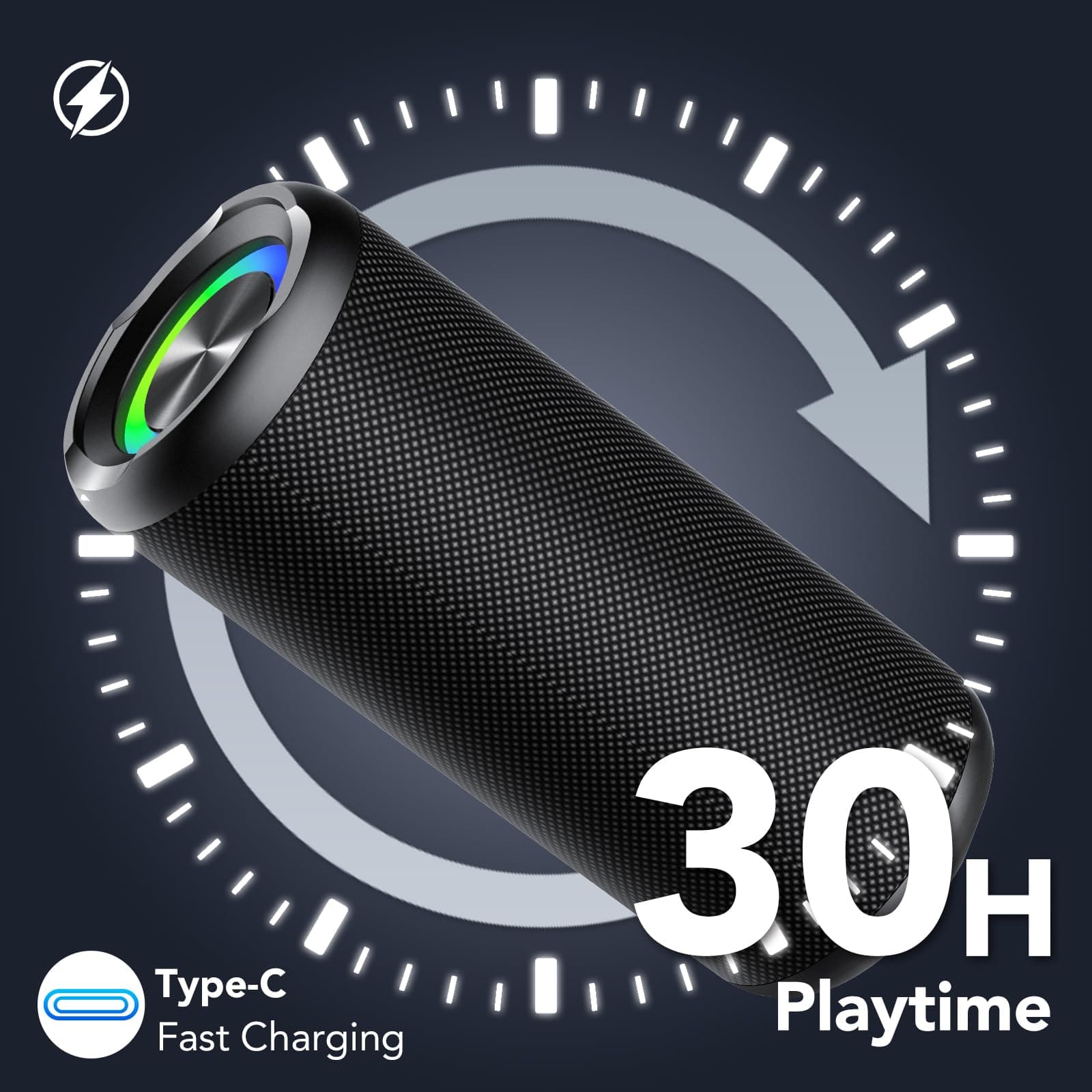 Portable Bluetooth Speaker, IPX7 Waterproof, 30W Power, 30Hrs Playtime, Colorful Flashing Lights, TWS Wireless Pairing, For Outdoor/Party/Beach/Travel/Gifts