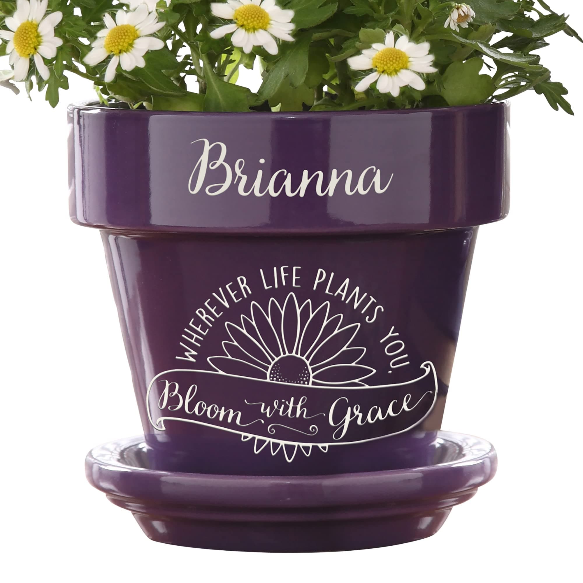 Personalization Universe Inspiration to Grow Personalized Flower Pot - Indoor or Outdoor Use, Graduation Gift, Birthday, Retirement, 5.25" Diameter, Ceramic, Flower Pot and Saucer Set – Purple