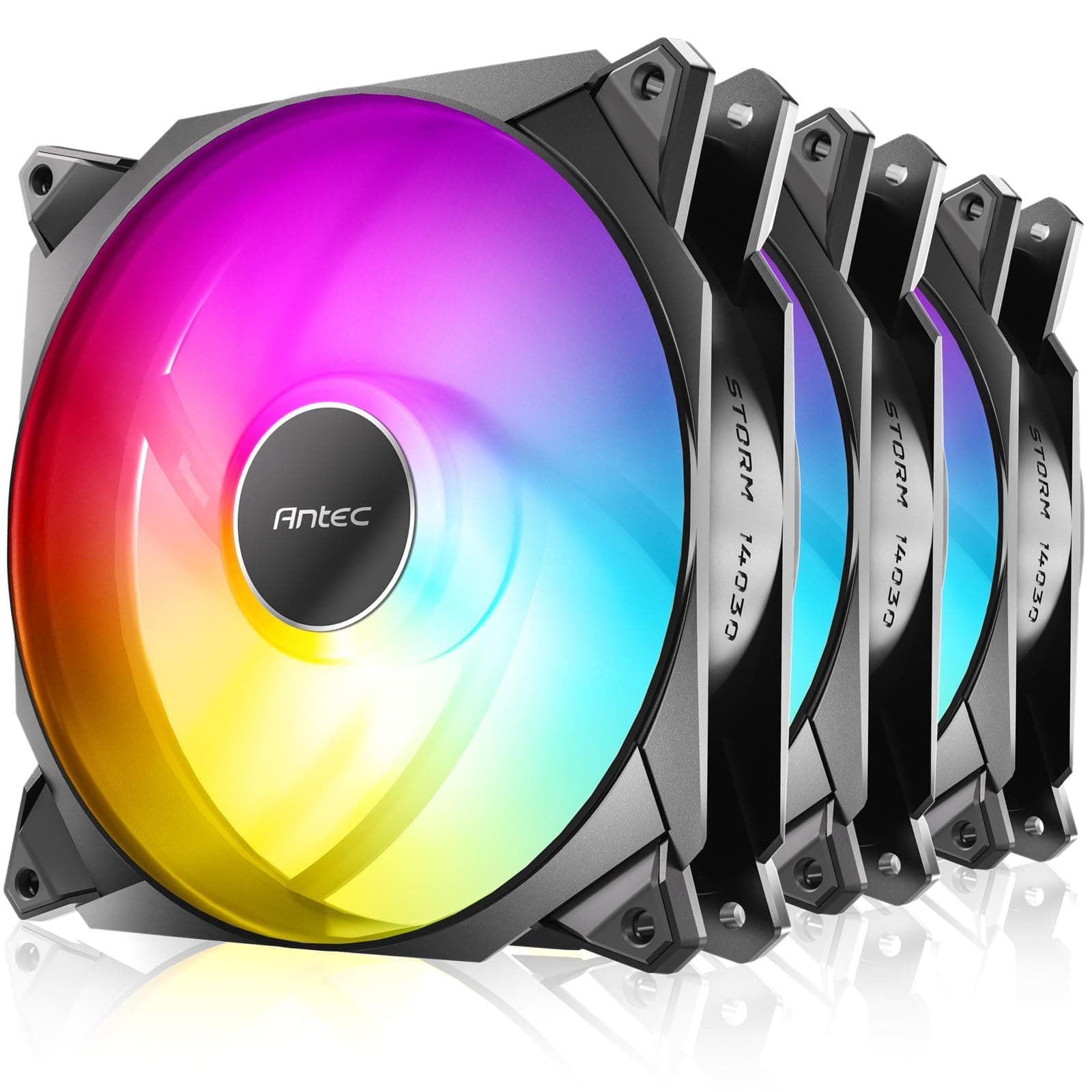Antec 140mm RGB Fans, 140mm Case Fans, 30mm Thickness Case Fan, 1500 RPM with 95.44CFM, 1.94mmH₂O, 5V 3Pin Addressable RGB Fans with Controller, Motherboard SYNC and 4 Pin PWM Control, Storm T3 Series