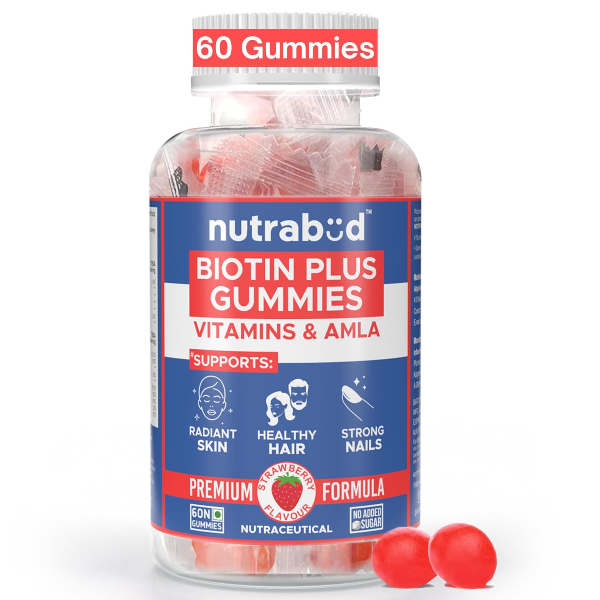 Nutrabud Biotin Hair Gummies For Women, Men | No Added Sugar | For Healthy Hair Growth, Skin Glow & Strong Nails | Strawberry Flavor Veg Gummy Bear Supplement - 60 Count (Pack of 1)