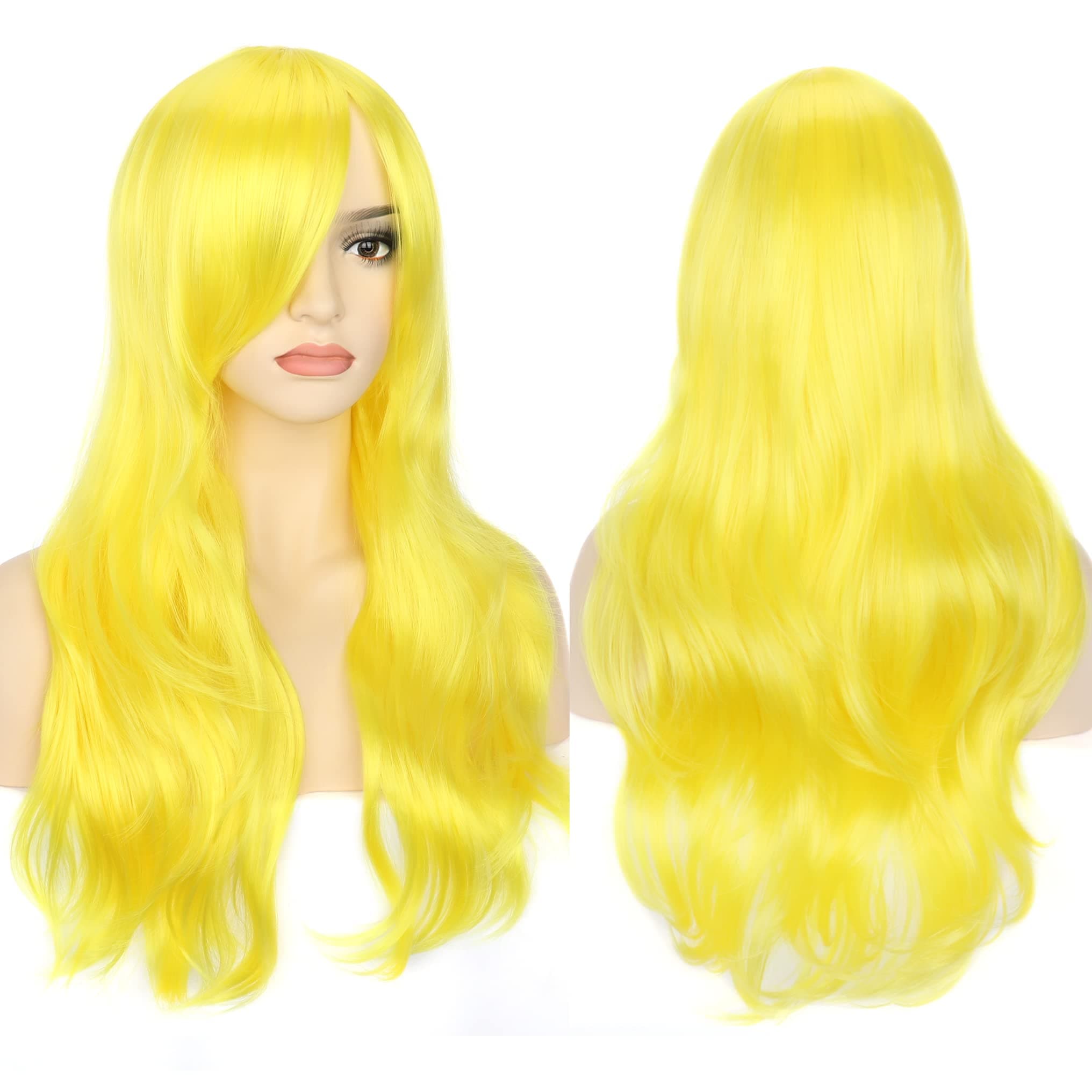 Colorfulpanda 28" 70cm Long Neon Curly Full Wavy Hair Wig Anime Cosplay Halloween Costume Party Synthetic Wigs for Women Girls Fluorescent Yellow
