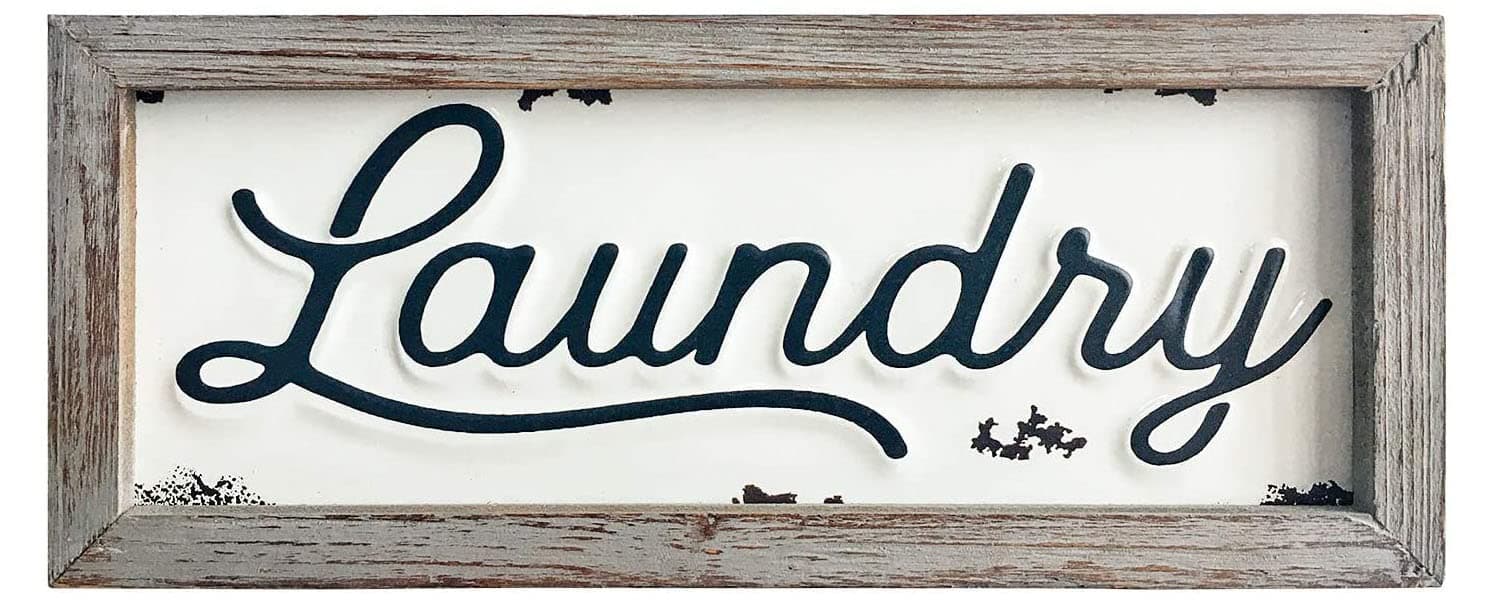Wooden Laundry Signs for Laundry Room Wall Decor 12" X 5", Rustic Embossed Retro Metal and Wood Framed Sign for Modern Farmhouse Home Wall Art Hanging Decoration
