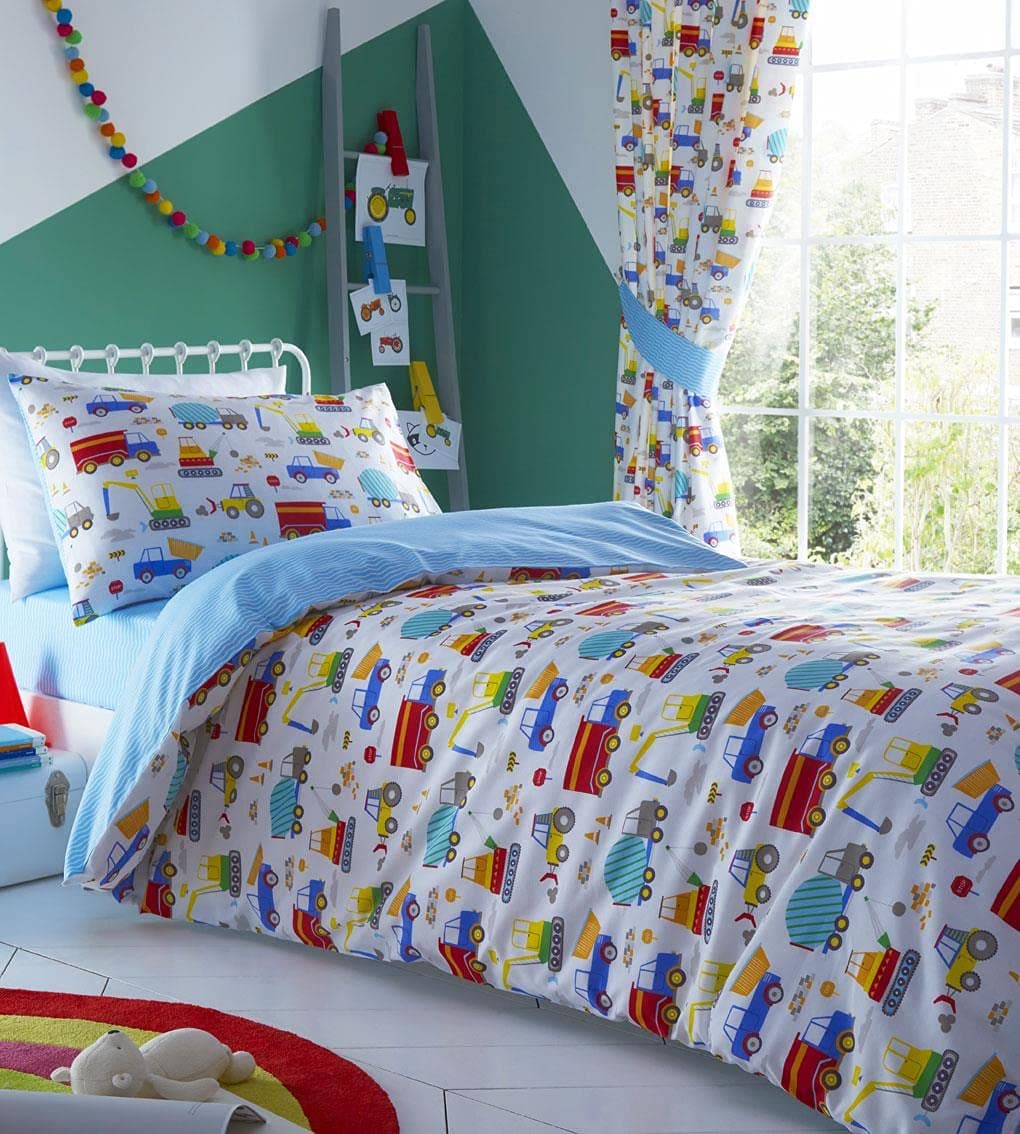 Little boys bedroom digger dumper trucks tractors cranes duvet sets & curtains available (Duvet Set - Single)