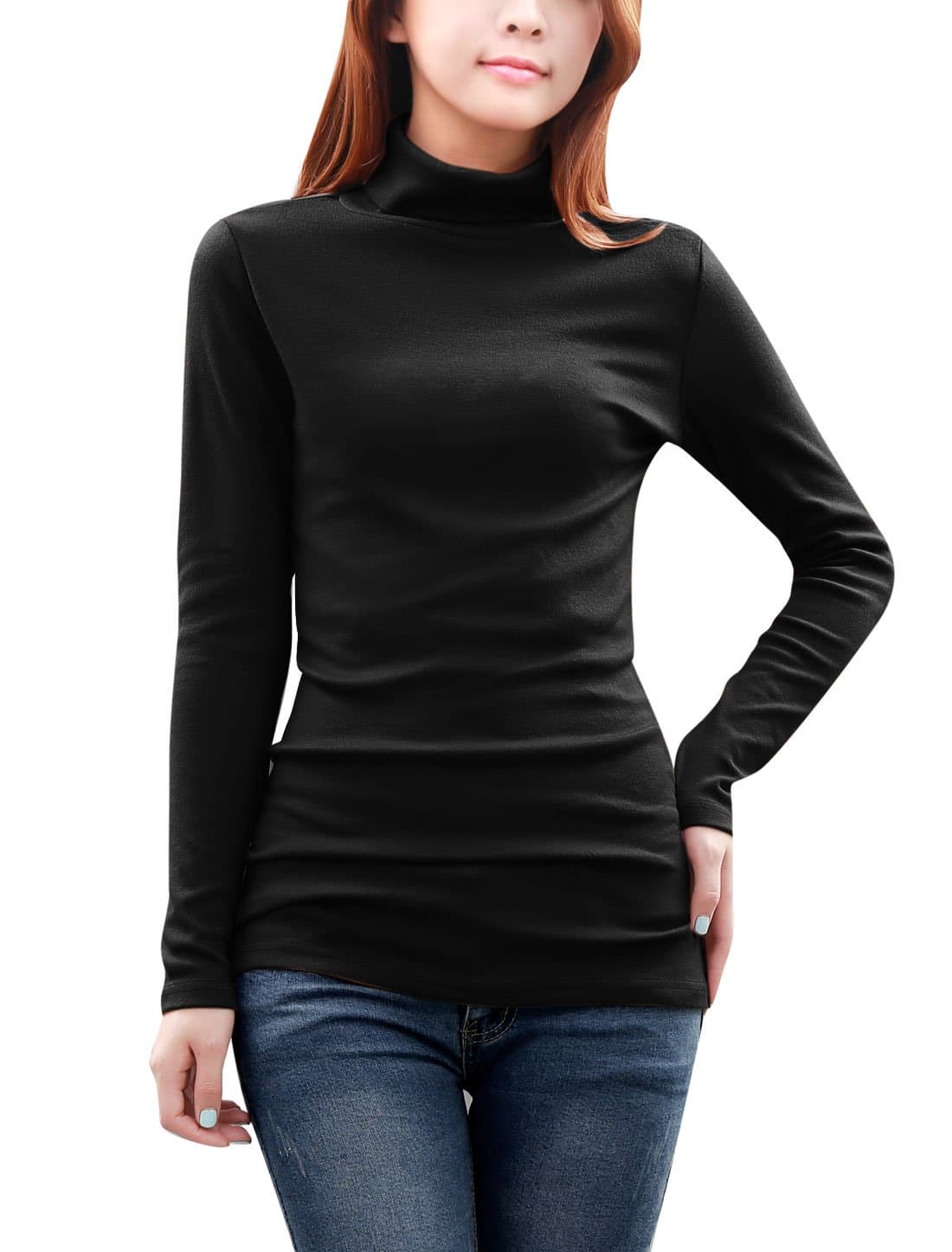 Allegra K Women Turtleneck Long Sleeve Fitted Knit Shirt Stretchy Tunic Tops,Medium / US 10,Black