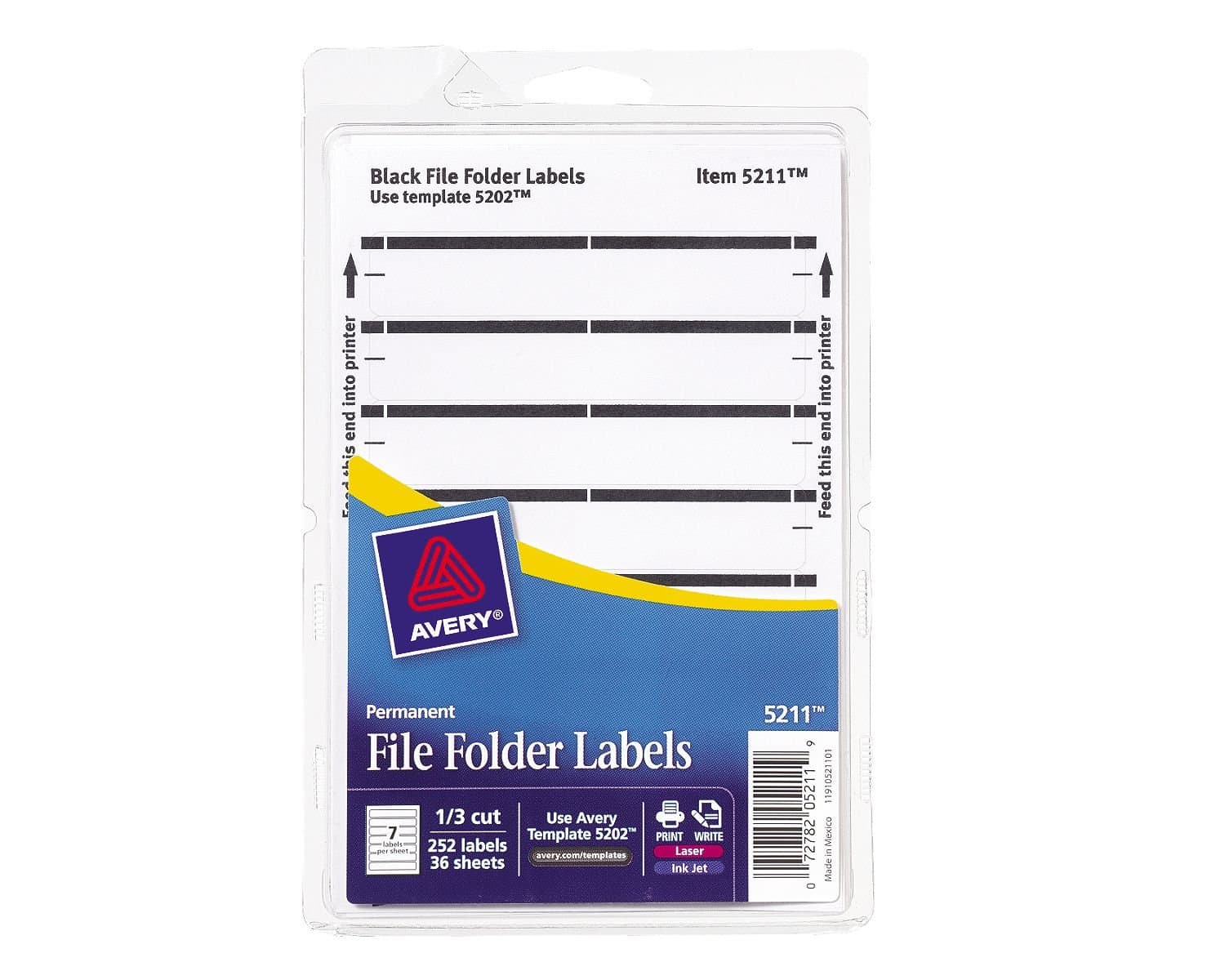 Avery Print or Write File Folder Labels for Laser & Inkjet Printers, 1/3 Cut, Black, 252 Pack (5211)