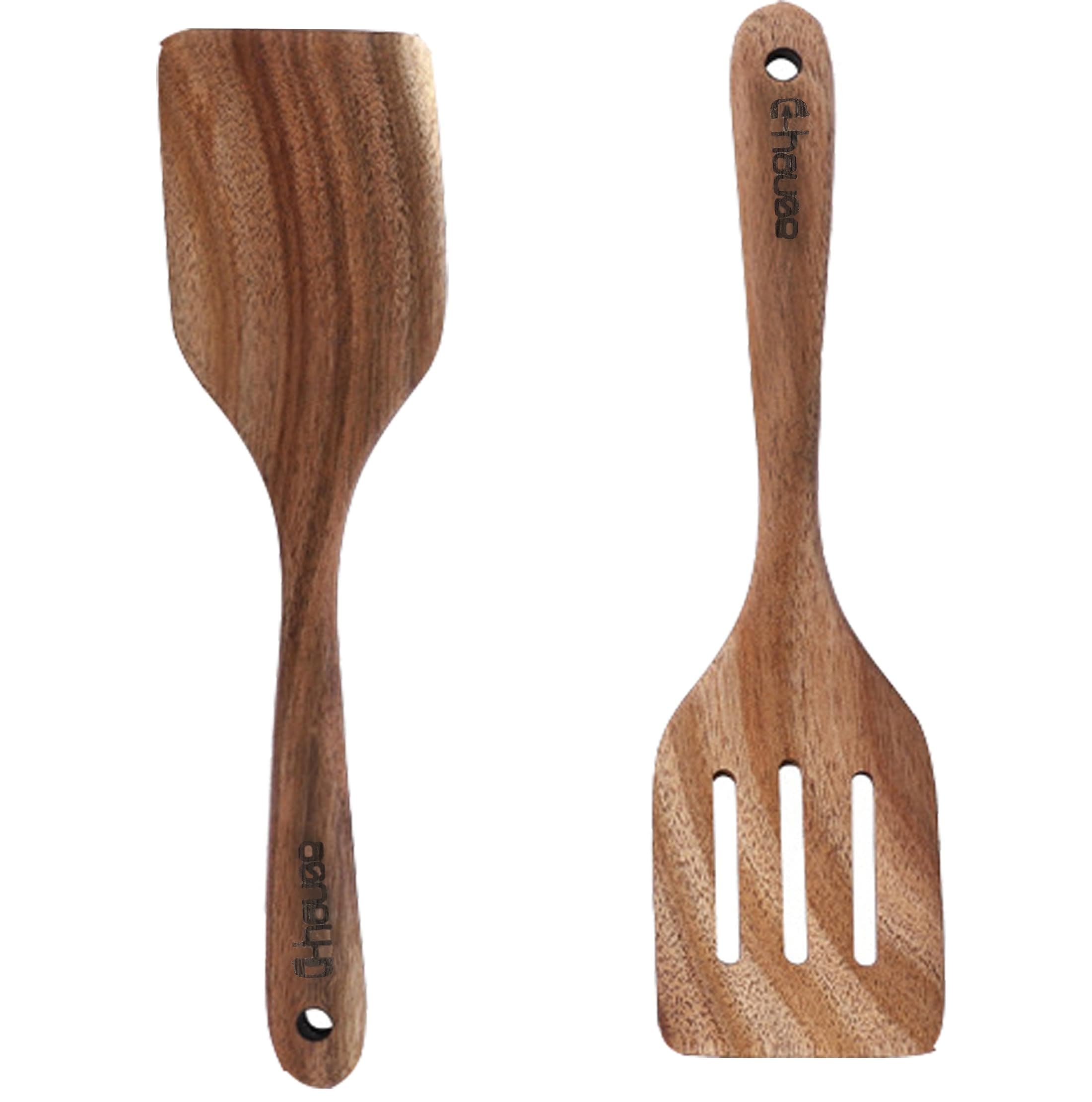 2pcs Wooden Spatulas Set Natural Acacia Solid Wood Slotted Turner Spatula Set Long Handle Flat Frying Spatulas Wood Turners Non-stick Cooking Spoon with Slotted Spatula Ideal Kitchen Gift