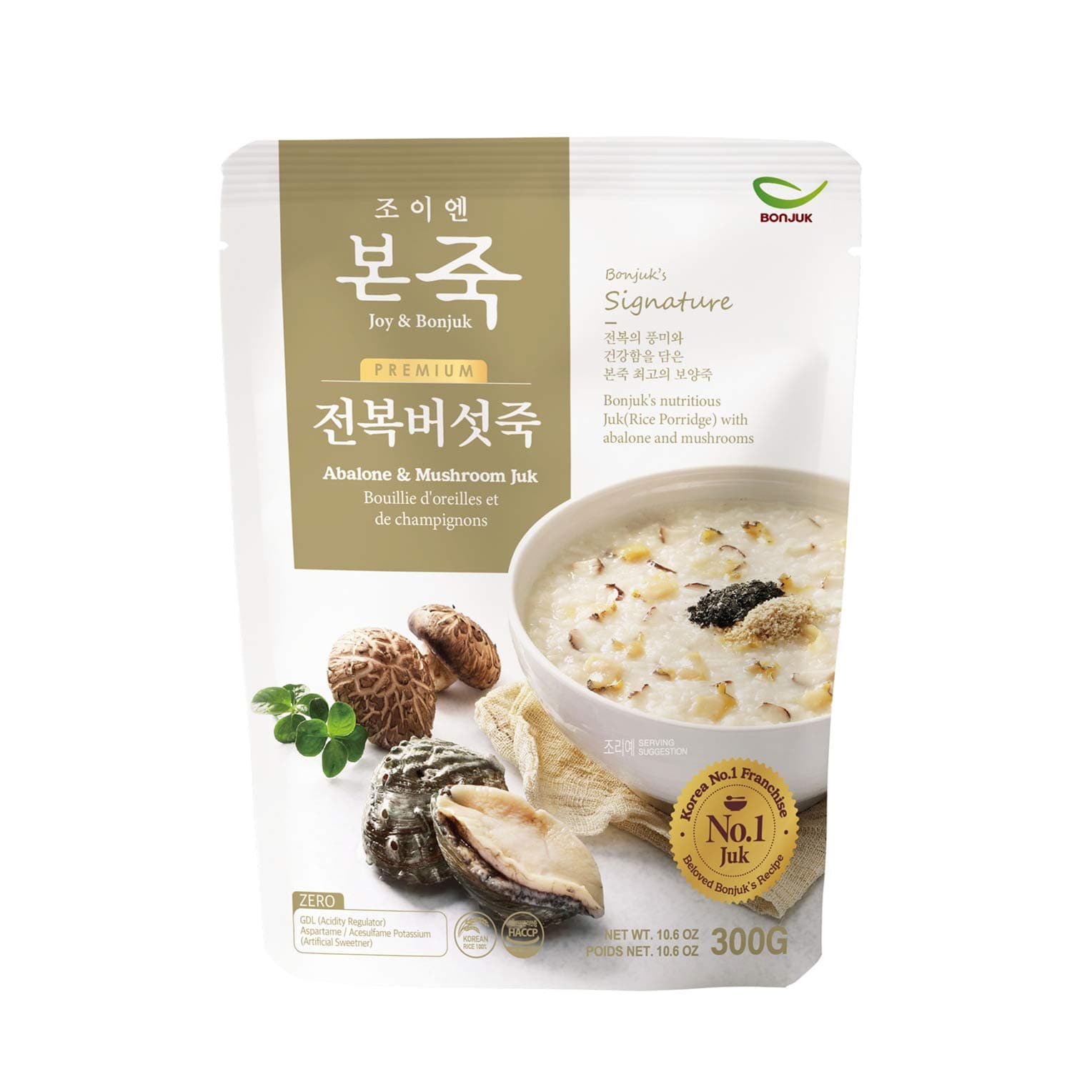 BONJUK Abalone & Mushroom (Juk) Rice Porridge - Ready to eat meal (300g), Easy to prepare porridge pouch