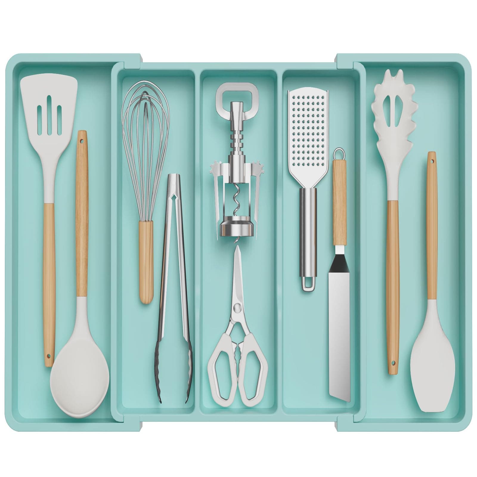 Lifewit Utensil Organizer for Kitchen Drawers, Expandable Cooking Utensil Tray, Adjustable Cutlery Silverware Flatware Holder, Plastic Spatula Tools and Gadgets Storage Divider, Large, TurquoiseRecycled Claim Standard 100